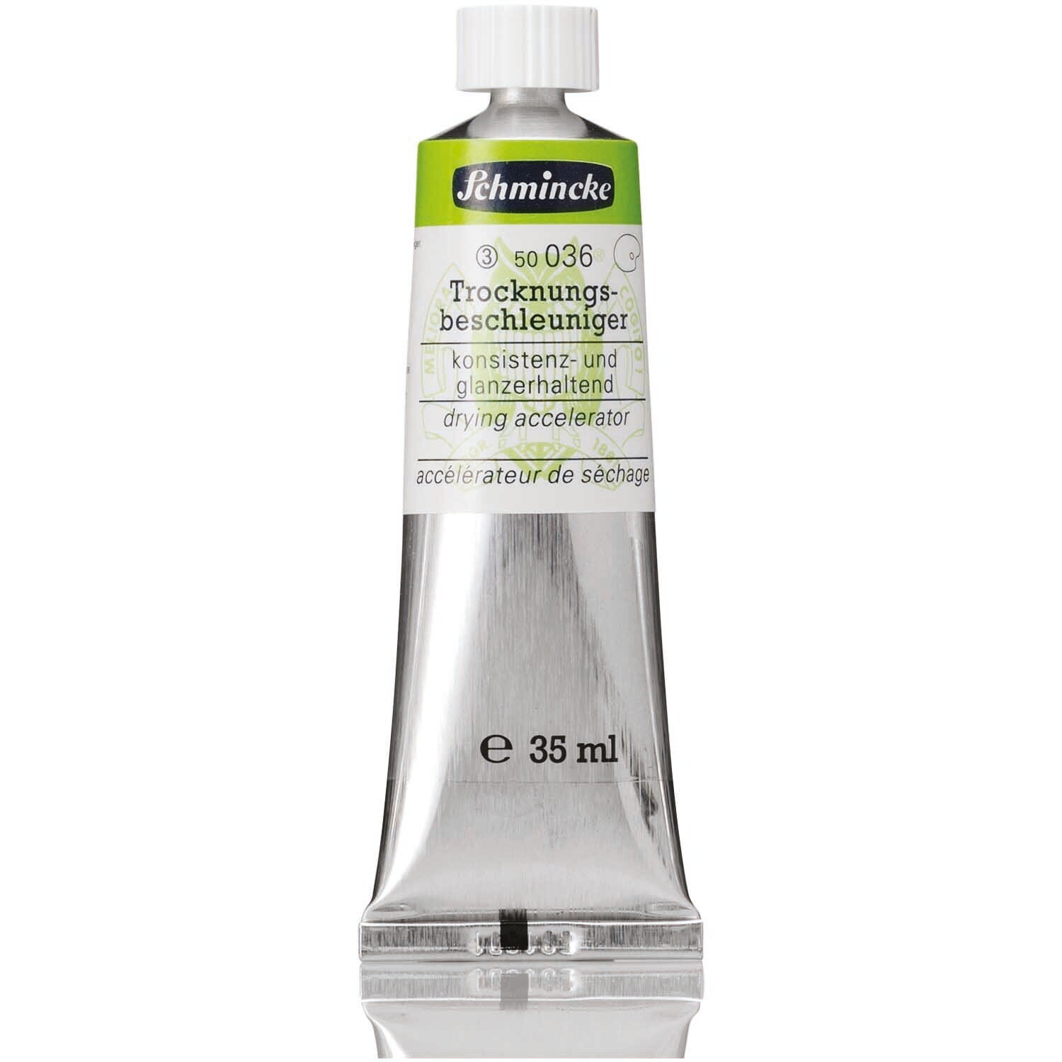 Trocknungsbeschleuniger für Ölfarben 35ml von Schmincke in einer silbernen Tube mit grünem Etikett.