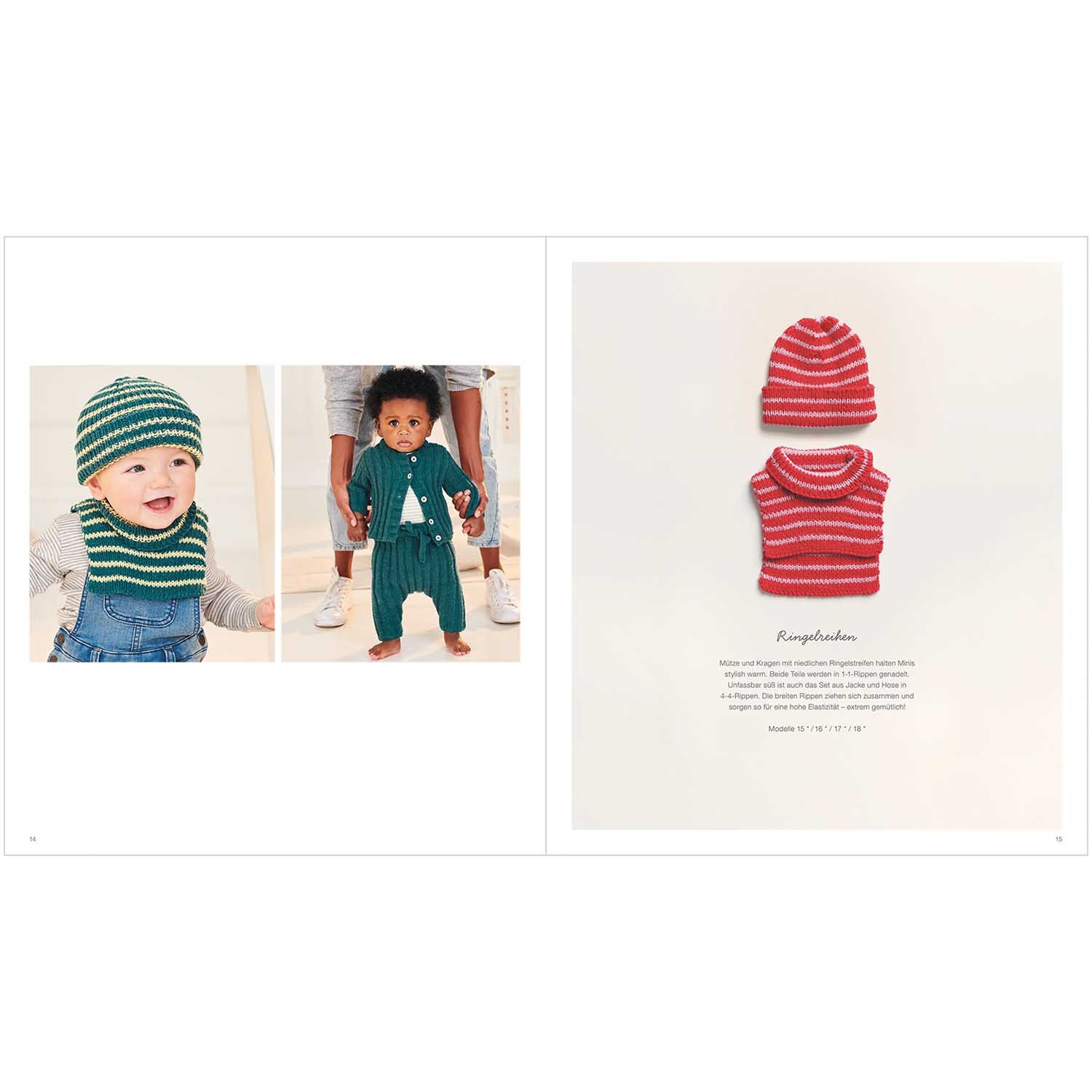 Rico Baby Heft Nr.34 zeigt gestrickte Babykleidung in Rot und Grün von Rico Design, inklusive Mütze und Pullover.