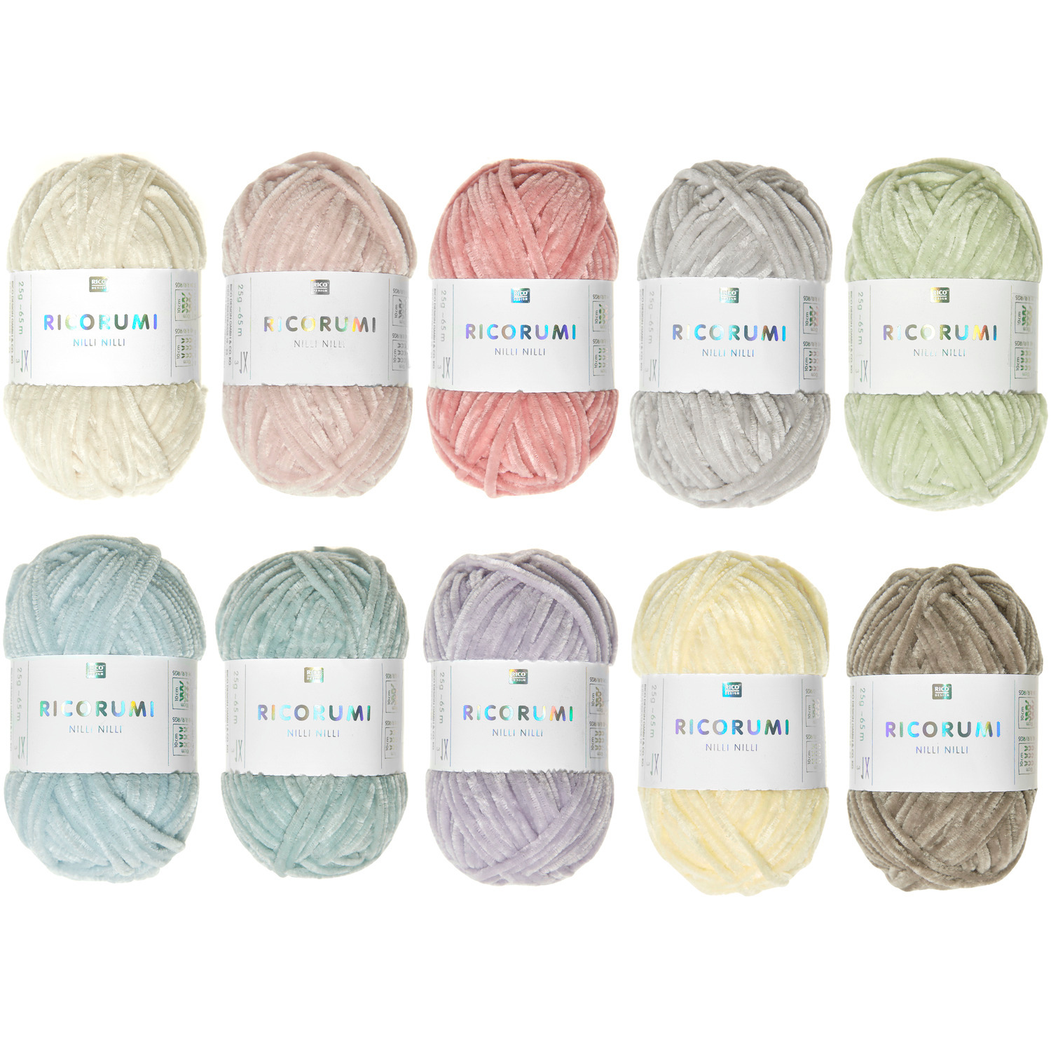 Nilli Nilli Set Pastell: Zehn Wollknäuel in sanften Pastelltönen von Rico Design, ideal für kreative Projekte.