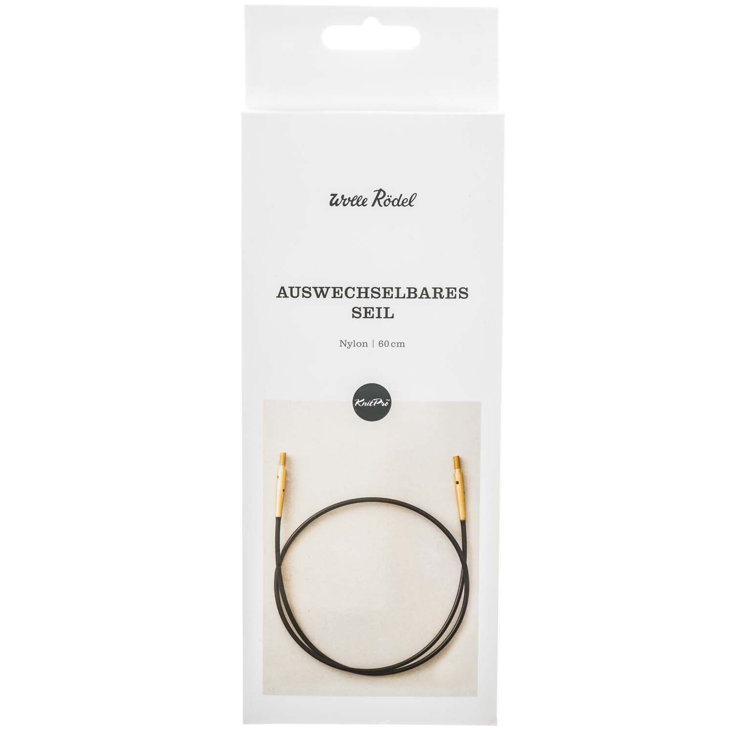 KnitPro Nadelseil auswechselbar Nylon, schwarz, in Verpackung mit goldenen Enden, ideal für Strickprojekte.