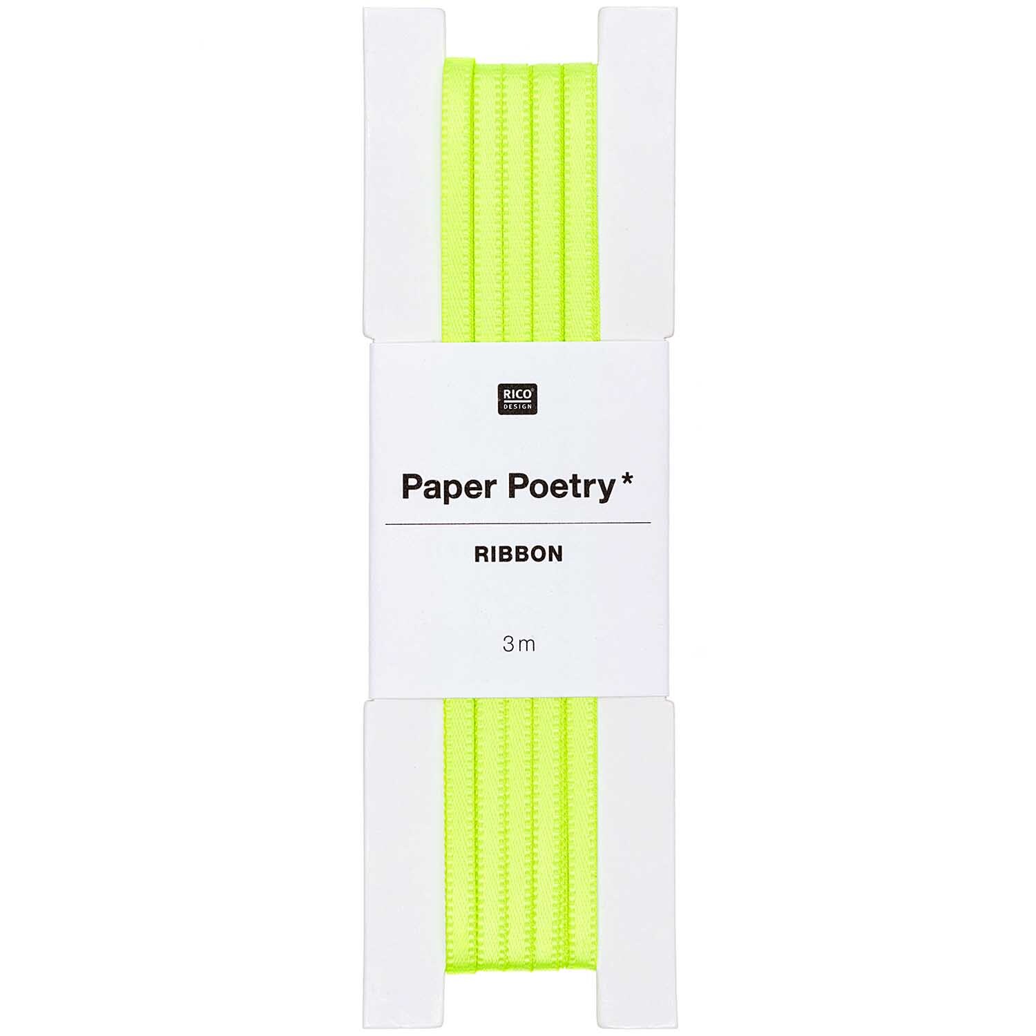 Paper Poetry Satinband 3mm 3m in leuchtendem Neon Gelb von Rico Design, ideal für kreative Bastelprojekte.