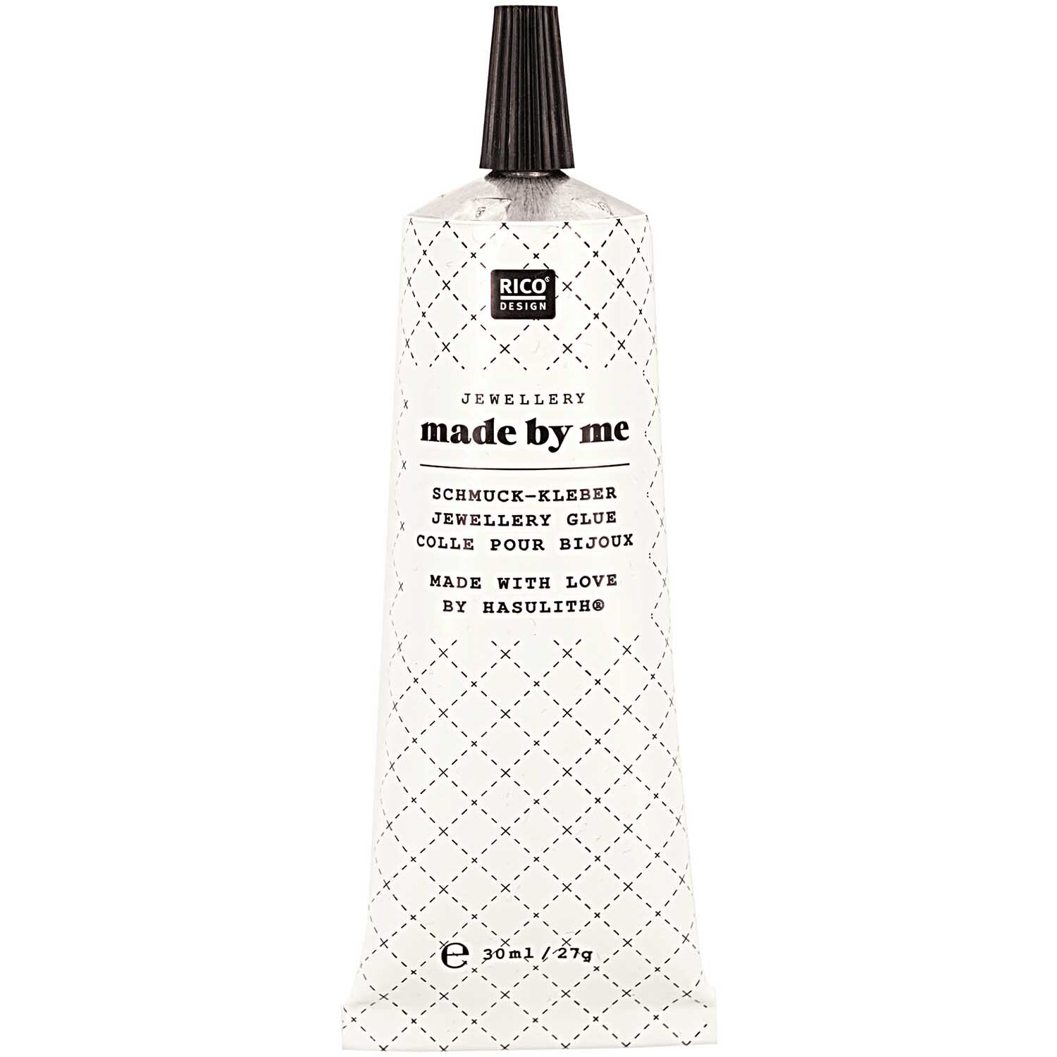 Schmuckkleber Hasulith 30ml von Rico Design in einer weißen Tube mit schwarzem Verschluss.