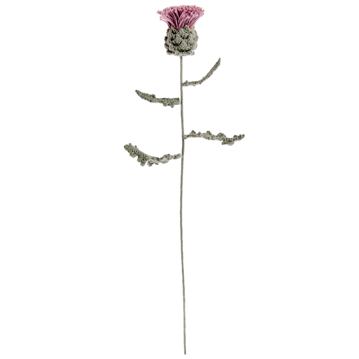 Ricorumi In the Meadow zeigt eine gehäkelte Distelblüte in Mauve mit detailreichen Blättern in Sumpfgrün an langem Stiel, ideal als dekoratives Häkelprojekt.