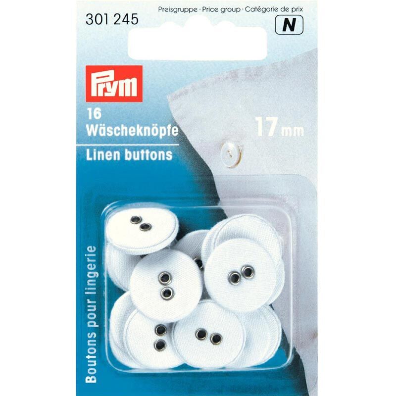 Wäscheknopf 17mm Leinen 16 Stück: Weiße Knöpfe von Prym in einer transparenten Verpackung.