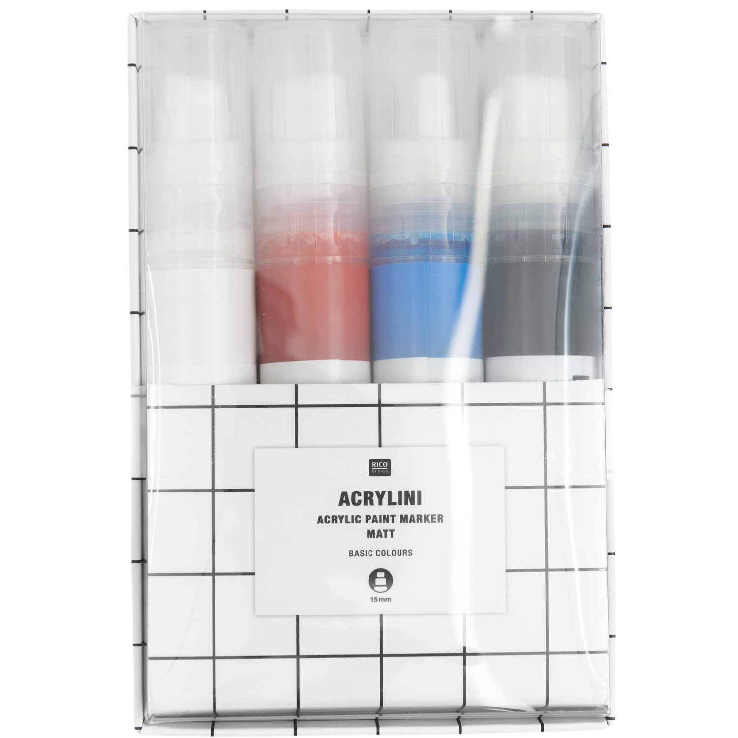 Acrylini Marker Set XL Basic mit 15mm Spitze in vier Farben von Rico Design, ideal für kreative Projekte.