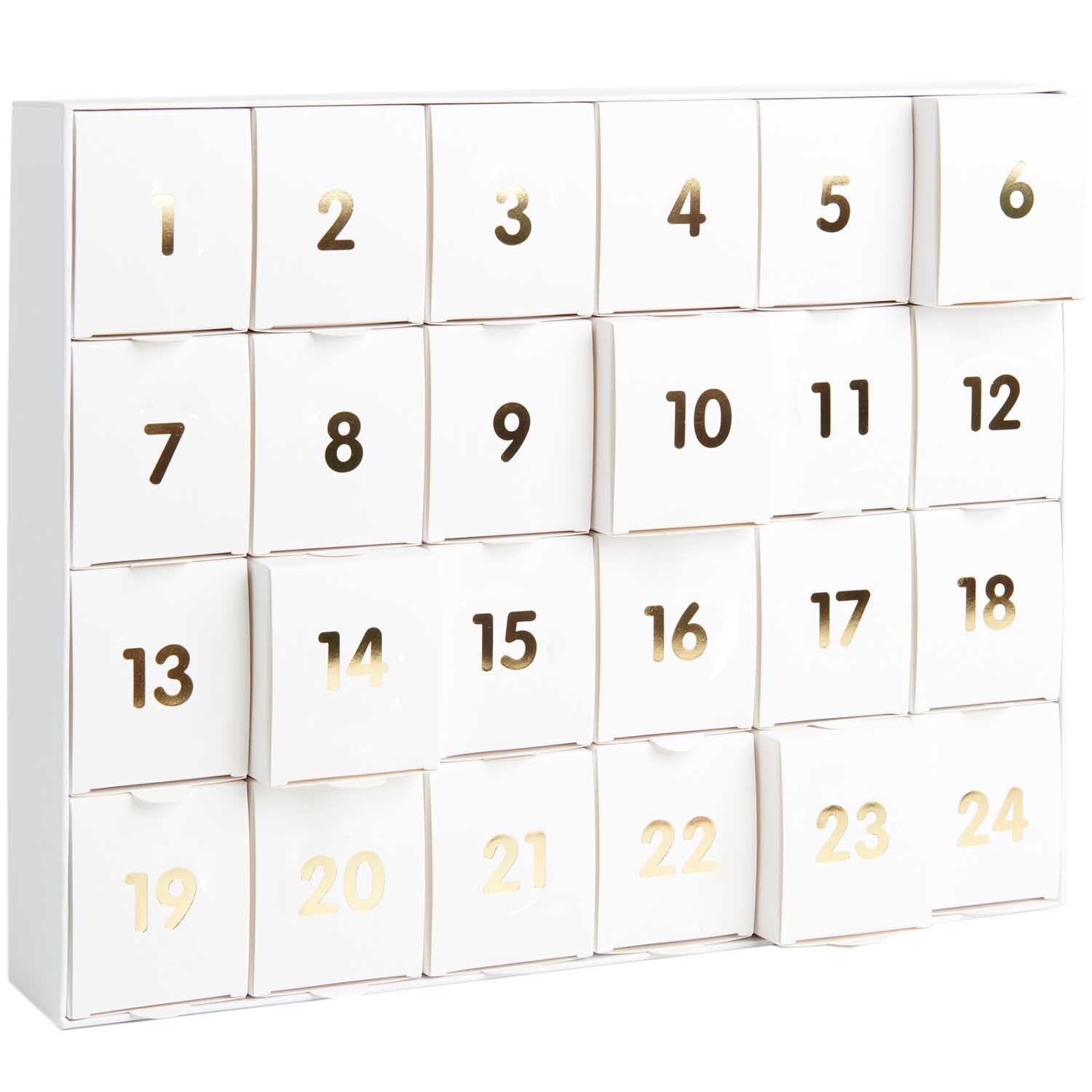 Adventskalender zum Befüllen 36,5x29x6cm mit 24 nummerierten weißen Schubladen in Gold von Rico Design.