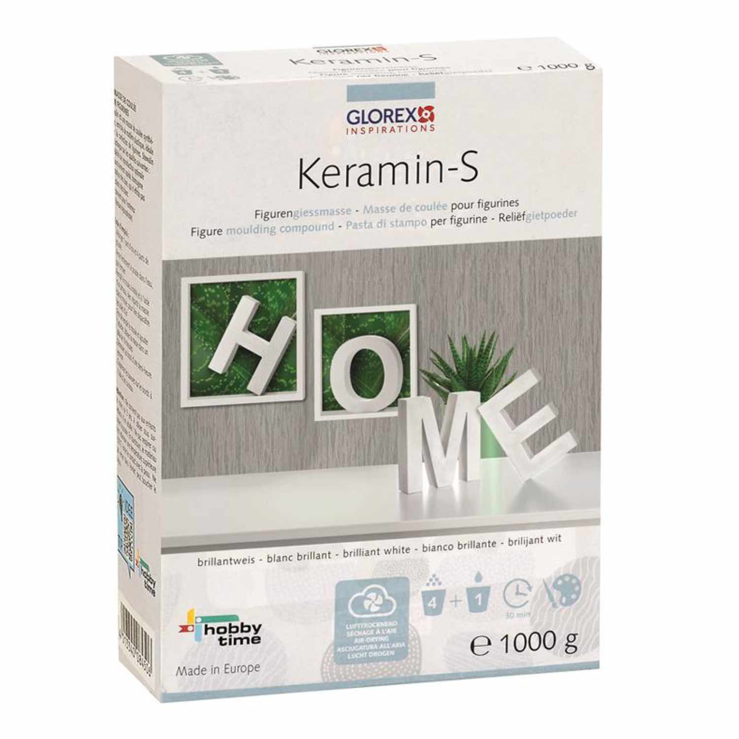 Keramin-S 1000g von Glorex: Verpackung mit weißem Modellierpulver, ideal für kreative Projekte.