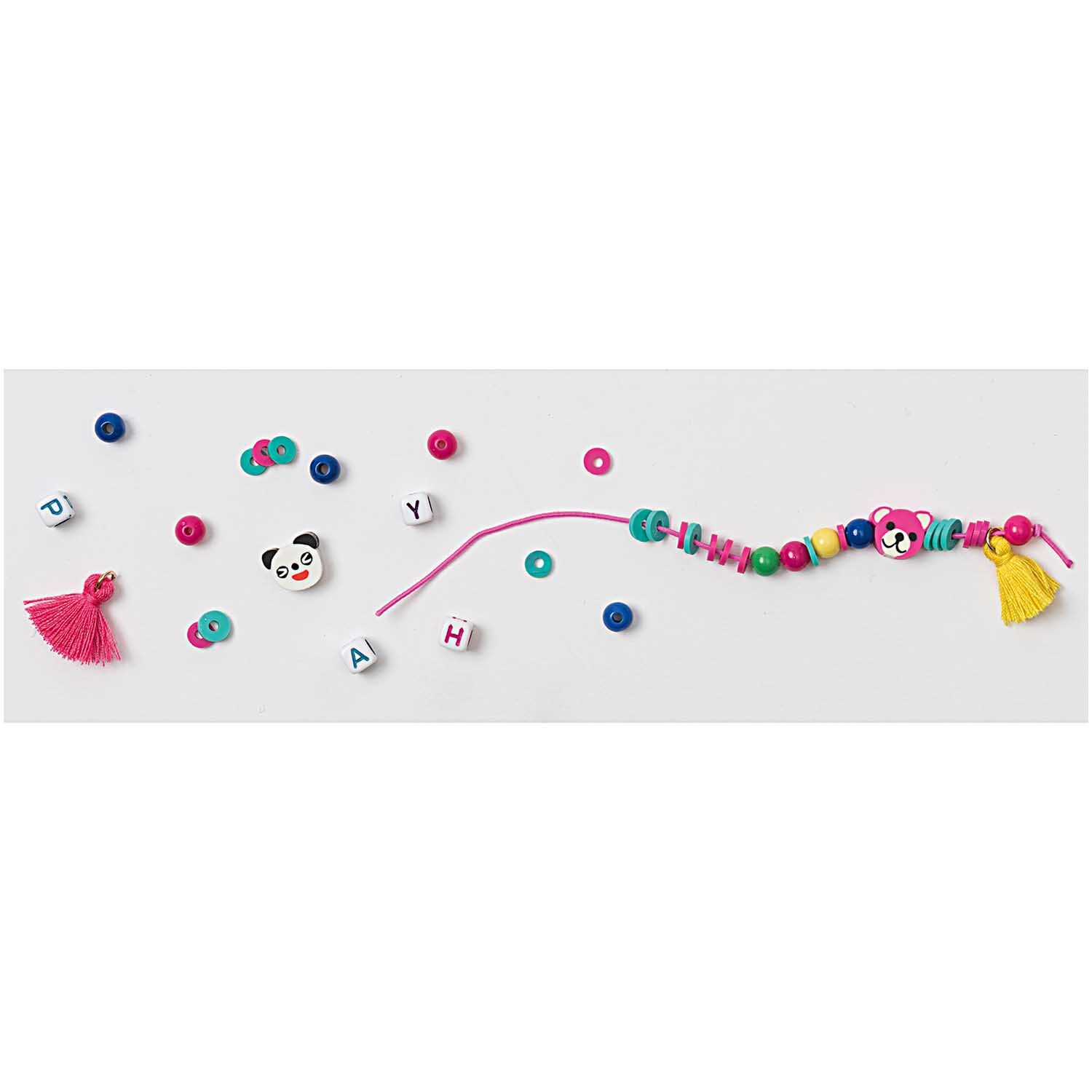 Mini Perlen Armband Set Happy mit bunten Perlen und Panda-Motiv von Rico Design auf weißem Hintergrund.