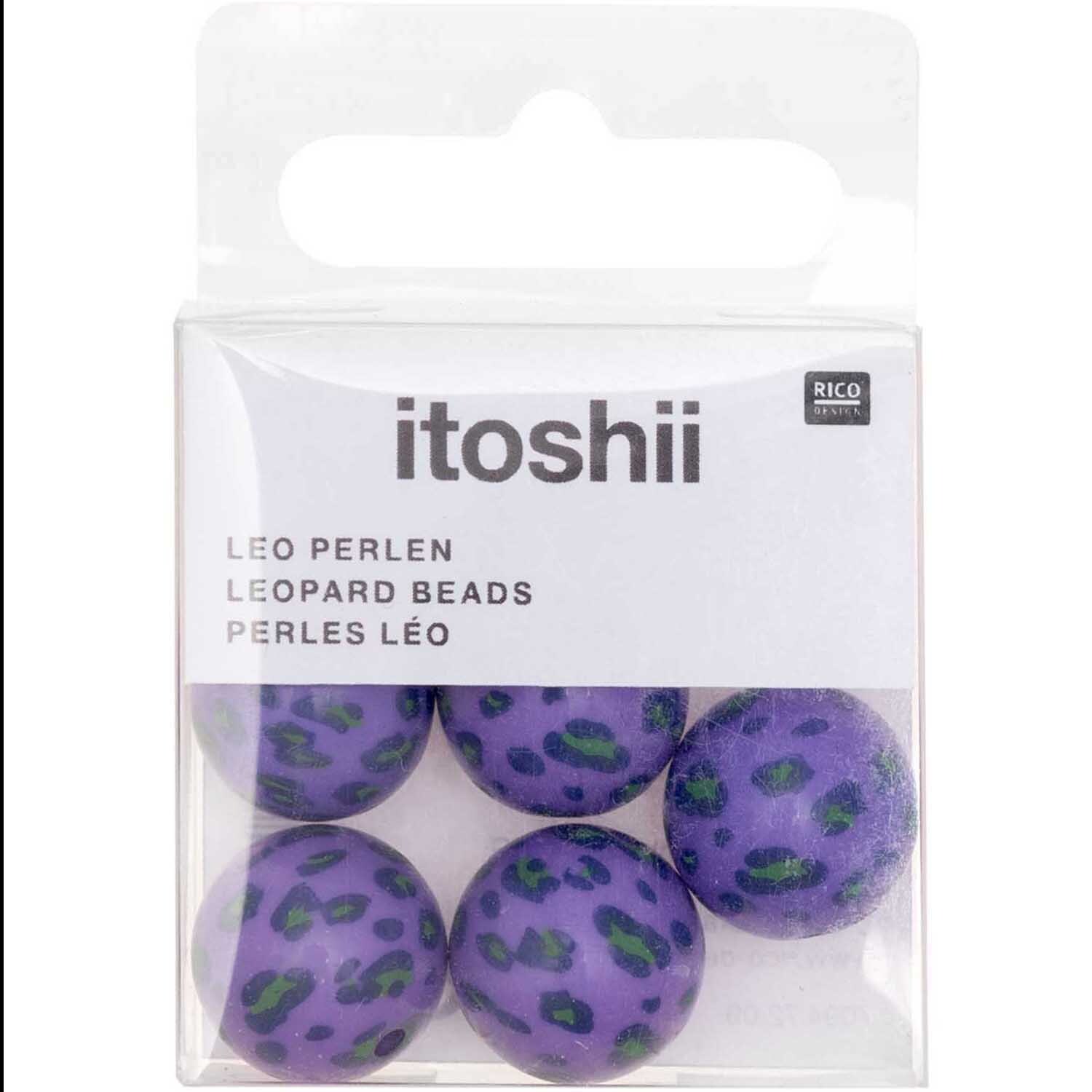Perlen Acid Leo 16mm 6 Stück in Flieder mit Leopardenmuster, verpackt von Rico Design. Ideal für kreative Schmuckprojekte.