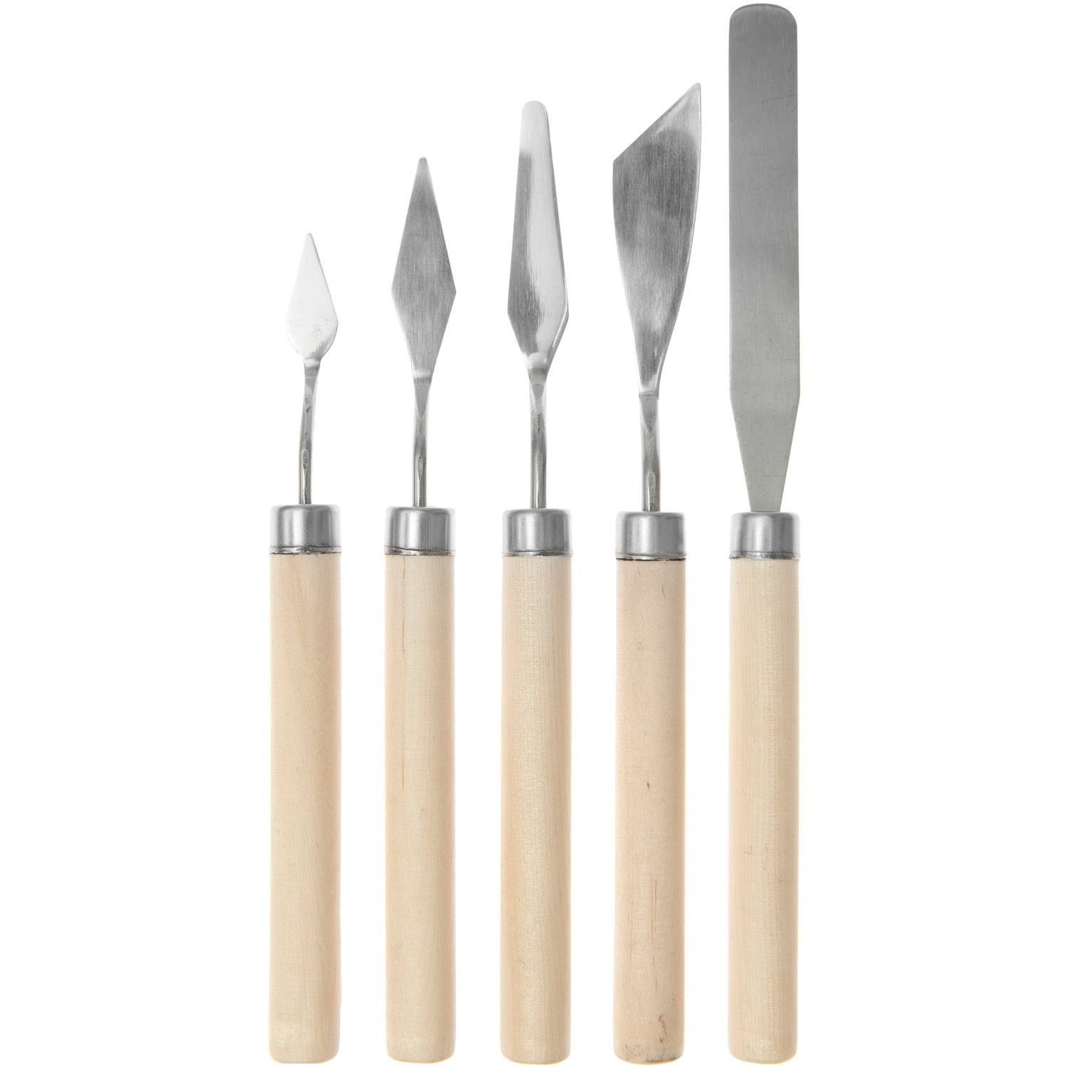 Spachtelset von Rico Design, 5-teilig, mit Holzgriffen und verschiedenen Klingenformen für kreative Arbeiten.
