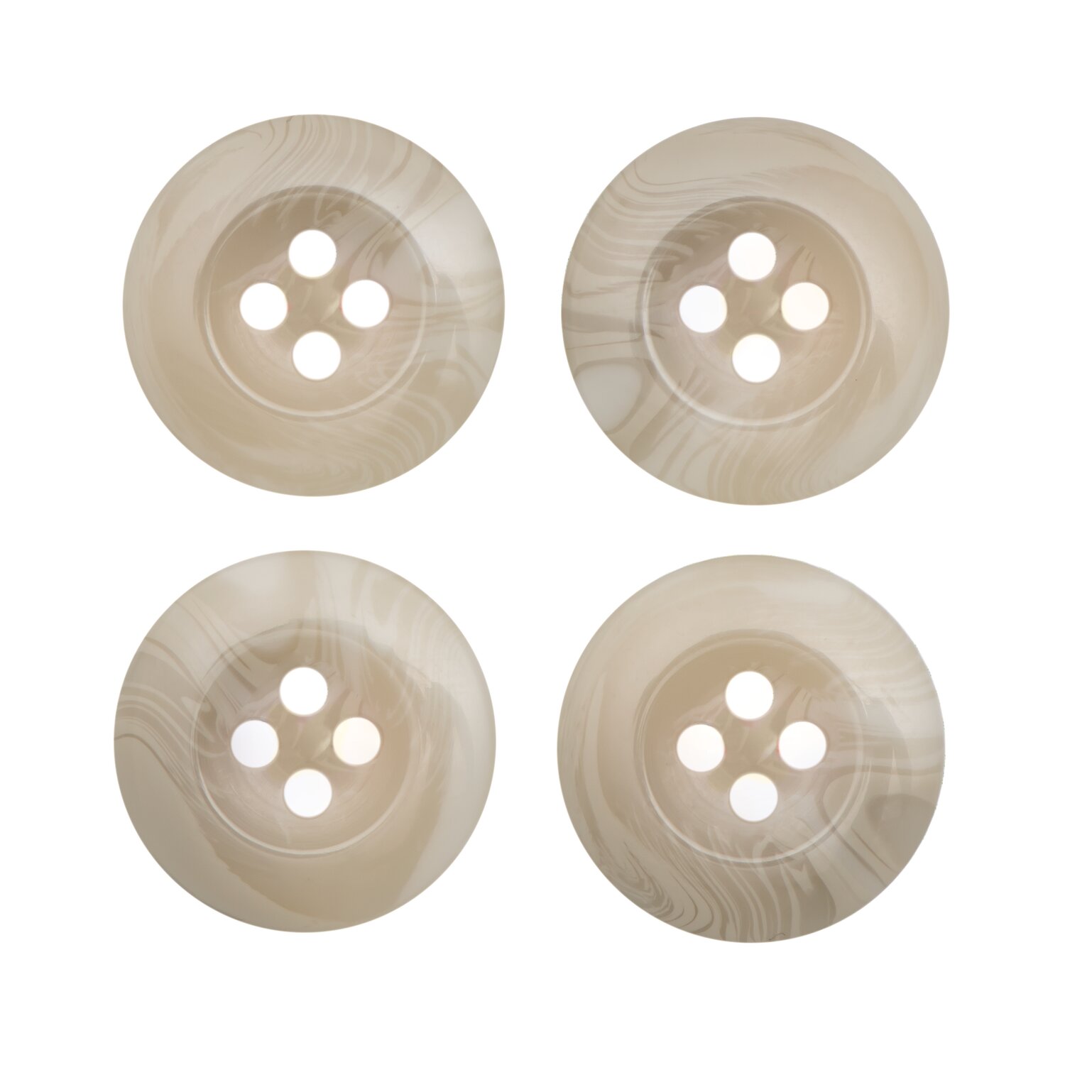 Vier beige strukturierte Knöpfe mit einem Durchmesser von 1,7 cm.