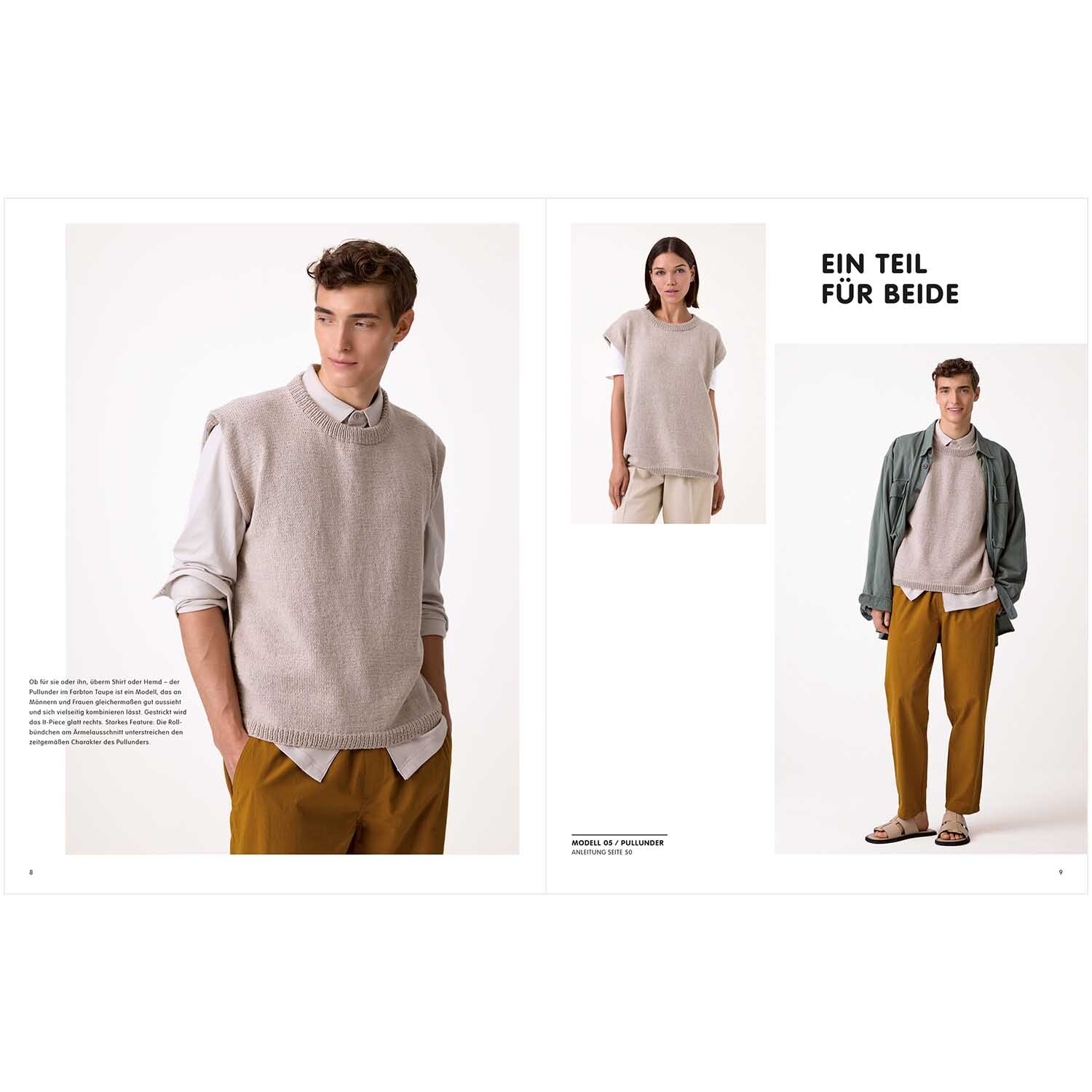 Luxury Knits Summer Special: Zwei Models in beigen Strickpullovern und braunen Hosen von Rico Design.