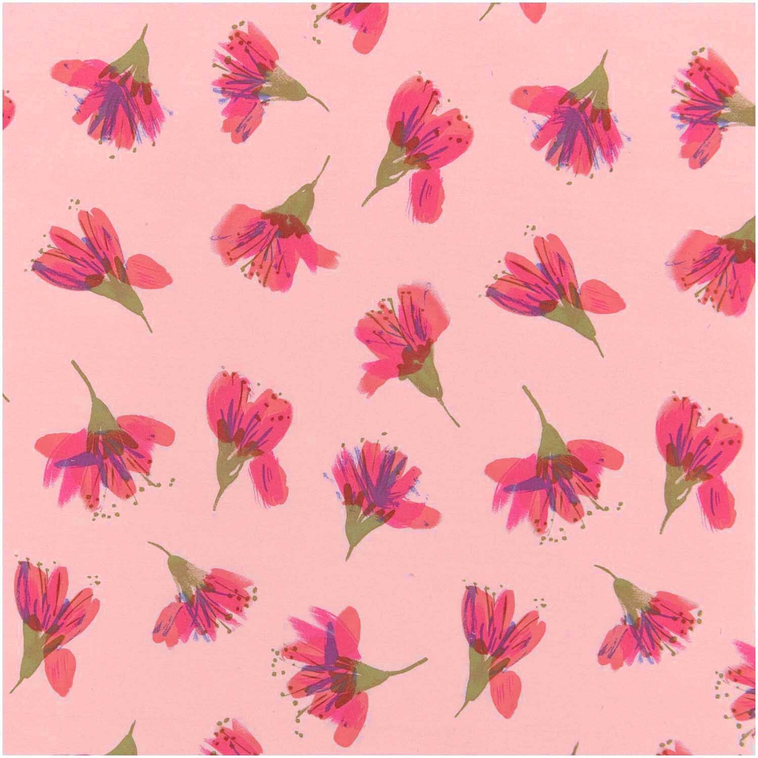 Meterware Druckstoff Aquarellblüten lachs mit rosa Hintergrund und bunten Blüten von Rico Design. Ideal für kreative Nähprojekte.
