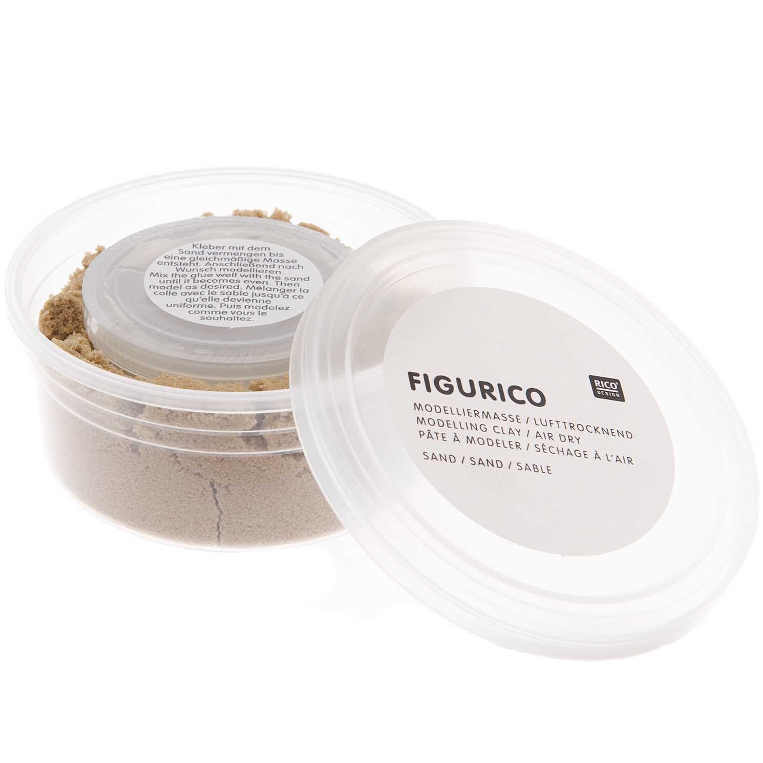 Figurico Modelliermasse Sand 105g in einer transparenten Dose mit abnehmbarem Deckel, ideal zum kreativen Gestalten.