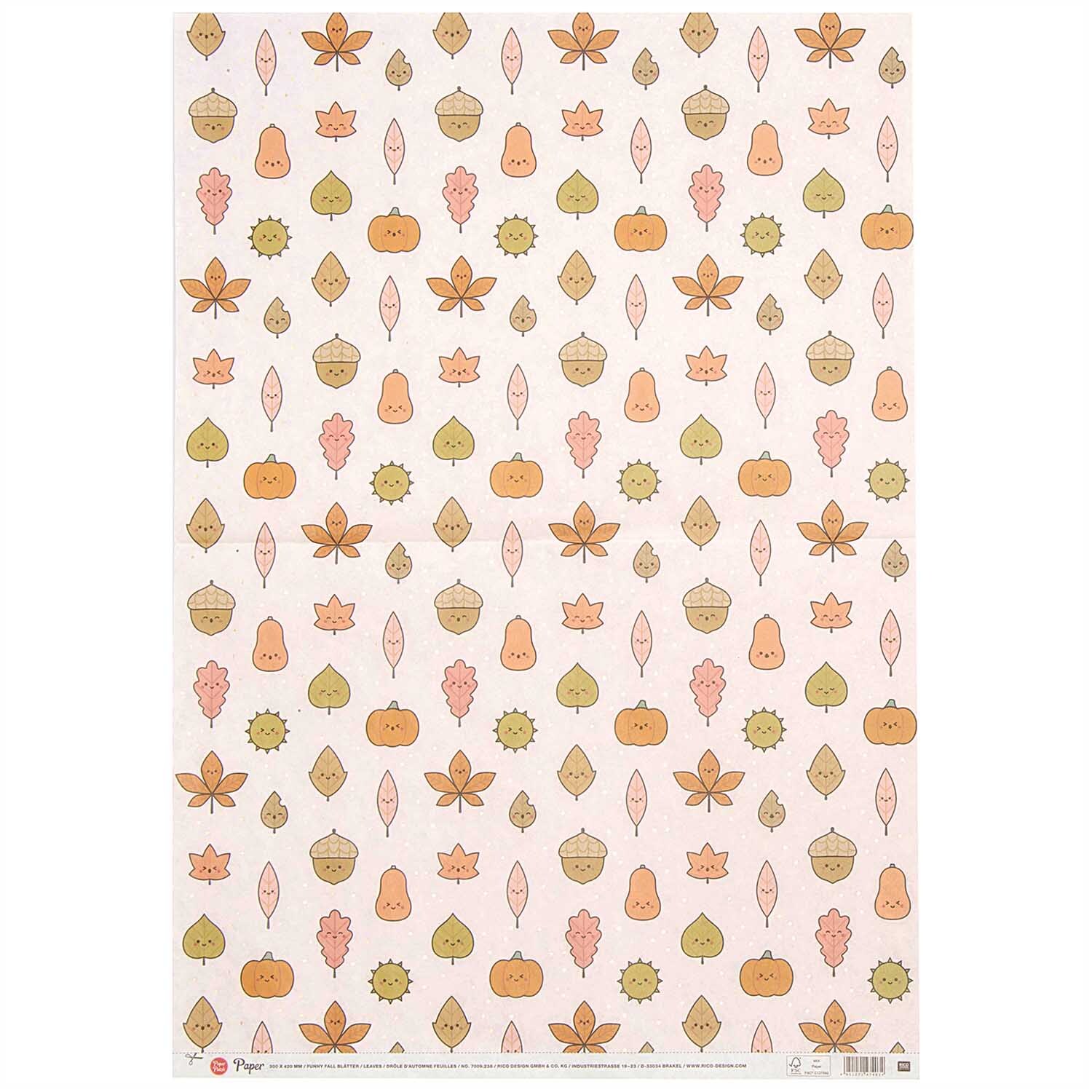 Paper Patch Papier Blätter 30x42cm mit herbstlichem Muster aus Blättern und Eicheln, von Rico Design.
