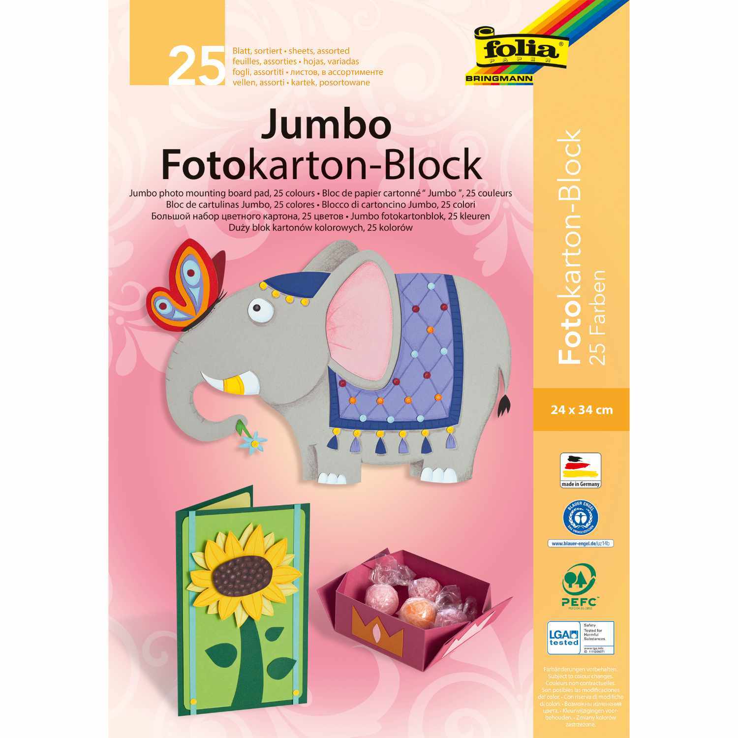 Jumbo Fotokarton-Block mit 25 mehrfarbigen Blättern, ideal für kreative Bastelprojekte. Enthält bunte Designs und ein Elefantenmotiv. Marke: folia.
