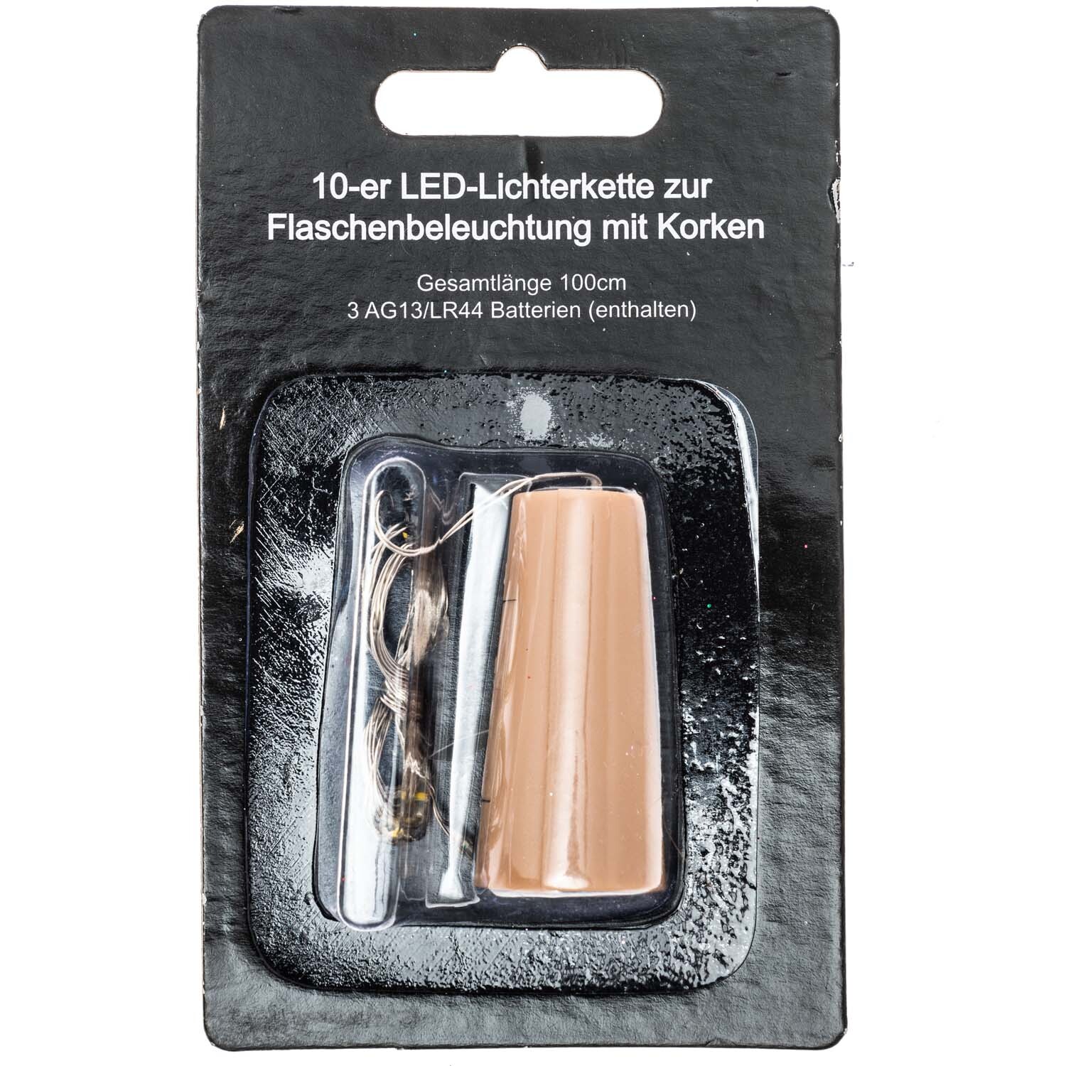 10er LED-Lichterkette Flaschenbeleuchtung mit Korken, verpackt in schwarzer Box, ideal für kreative Dekorationen.