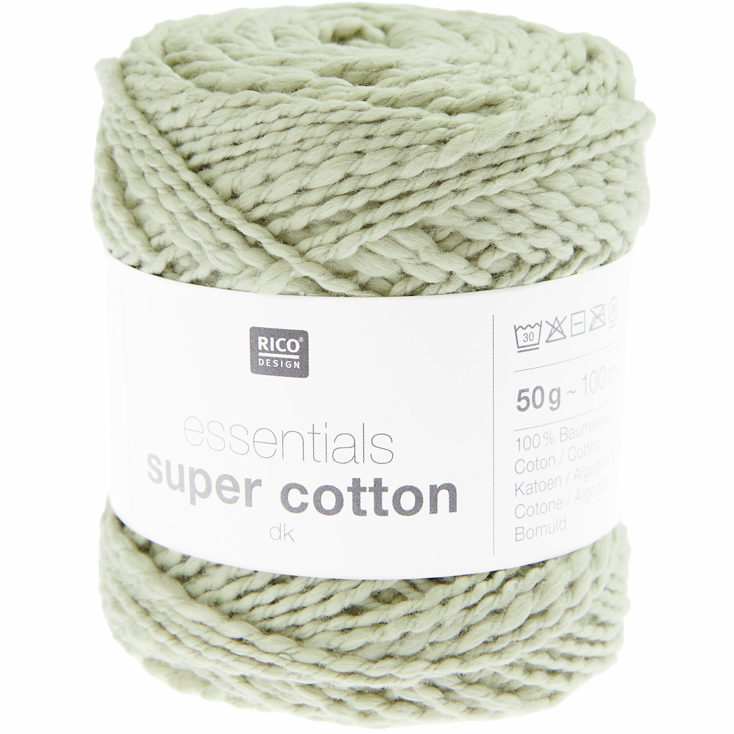 Essentials Super Cotton dk, hellgrünes Garn von Rico Design, 50g, 100m, ideal für Strickprojekte.