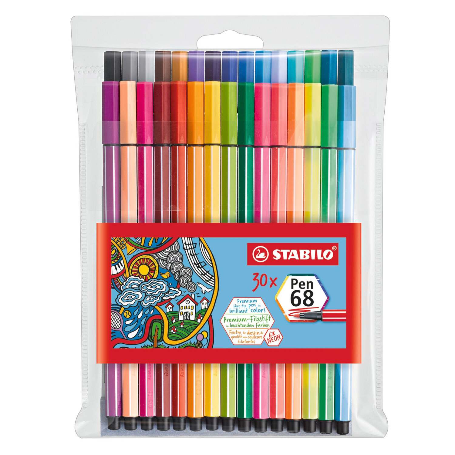 Pen 68 im Etui 30 Farben, STABILO, mehrfarbige Filzstifte in transparenter Verpackung.
