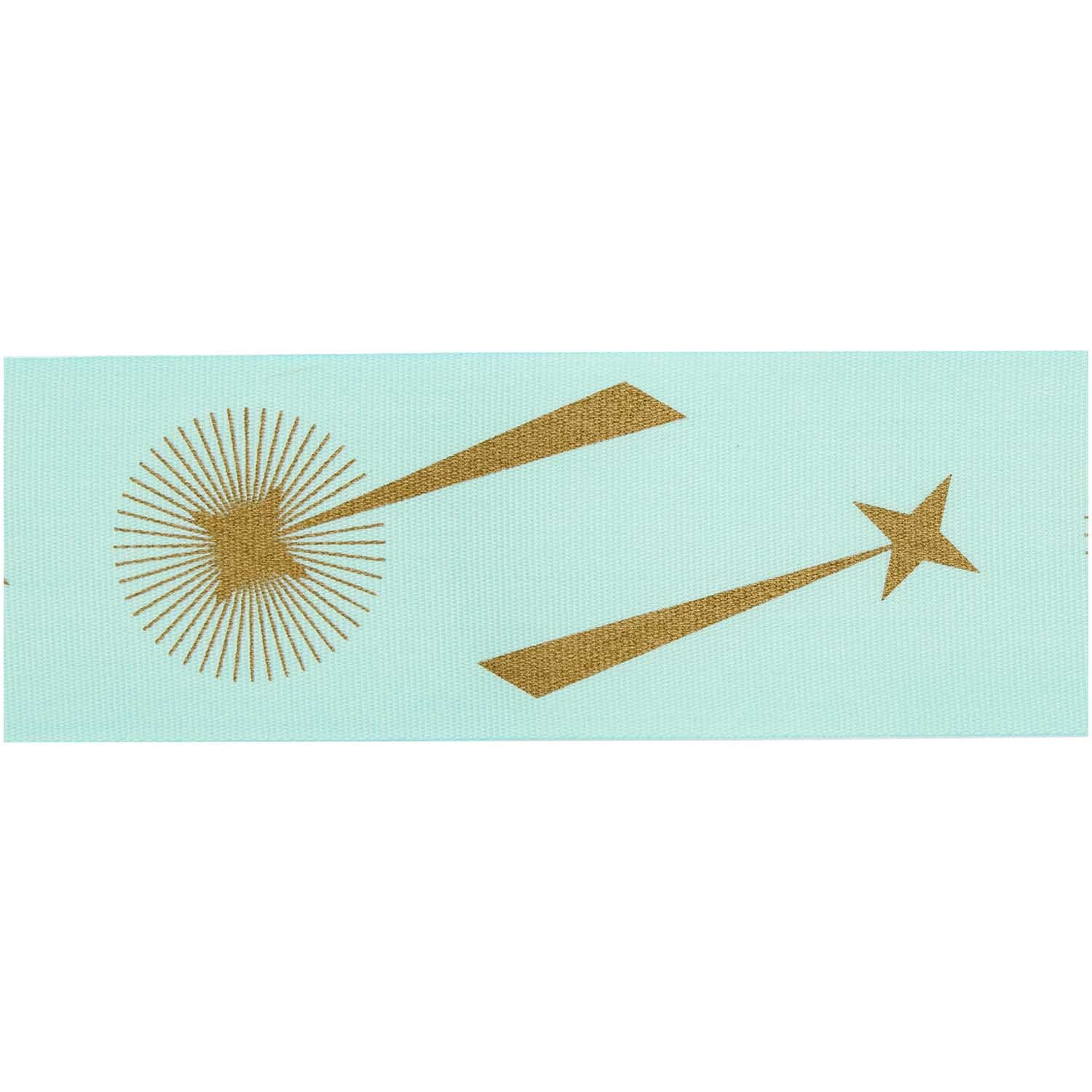 Paper Poetry Taftband Sternschnuppen mit goldenen Sternmotiven auf türkisfarbenem Hintergrund von Rico Design. Ideal für kreative Projekte.