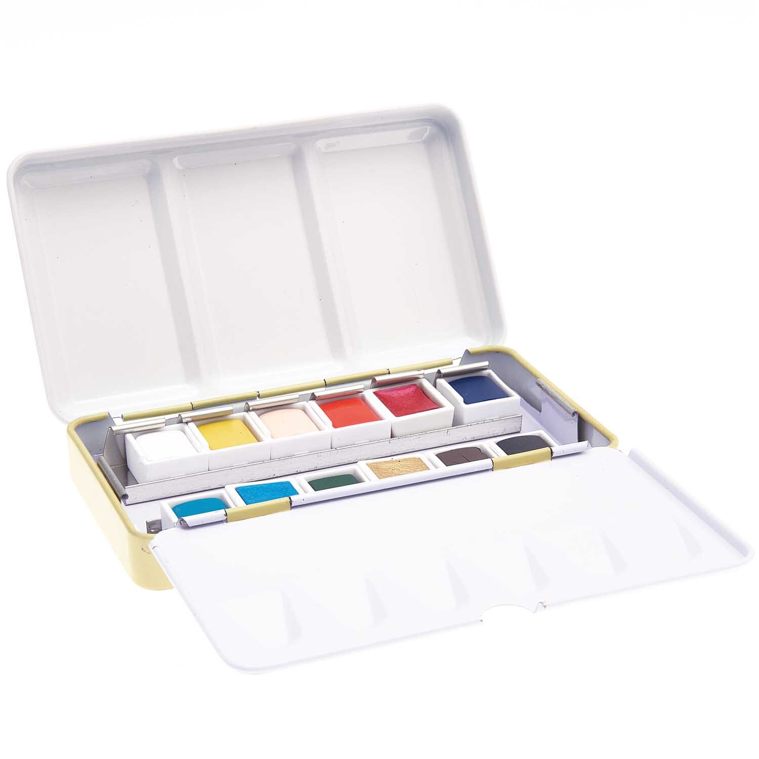 ART Essential Aquarellfarben Pastel Colours: Geöffnete Metallbox mit 12 leuchtenden Farben von Rico Design. Ideal für kreative Projekte.