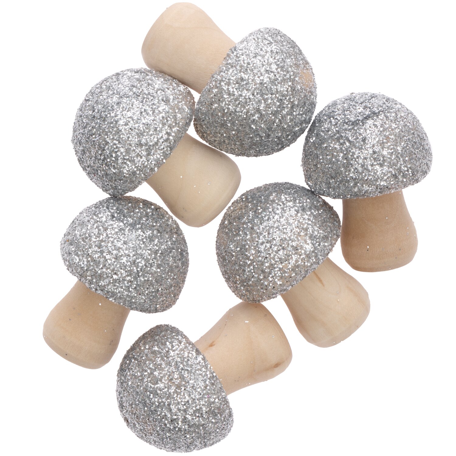 3D-Holzstreu Pilz mit Glitter silber, 30x23mm, 6 Stück. Dekorative Pilze von Rico Design.