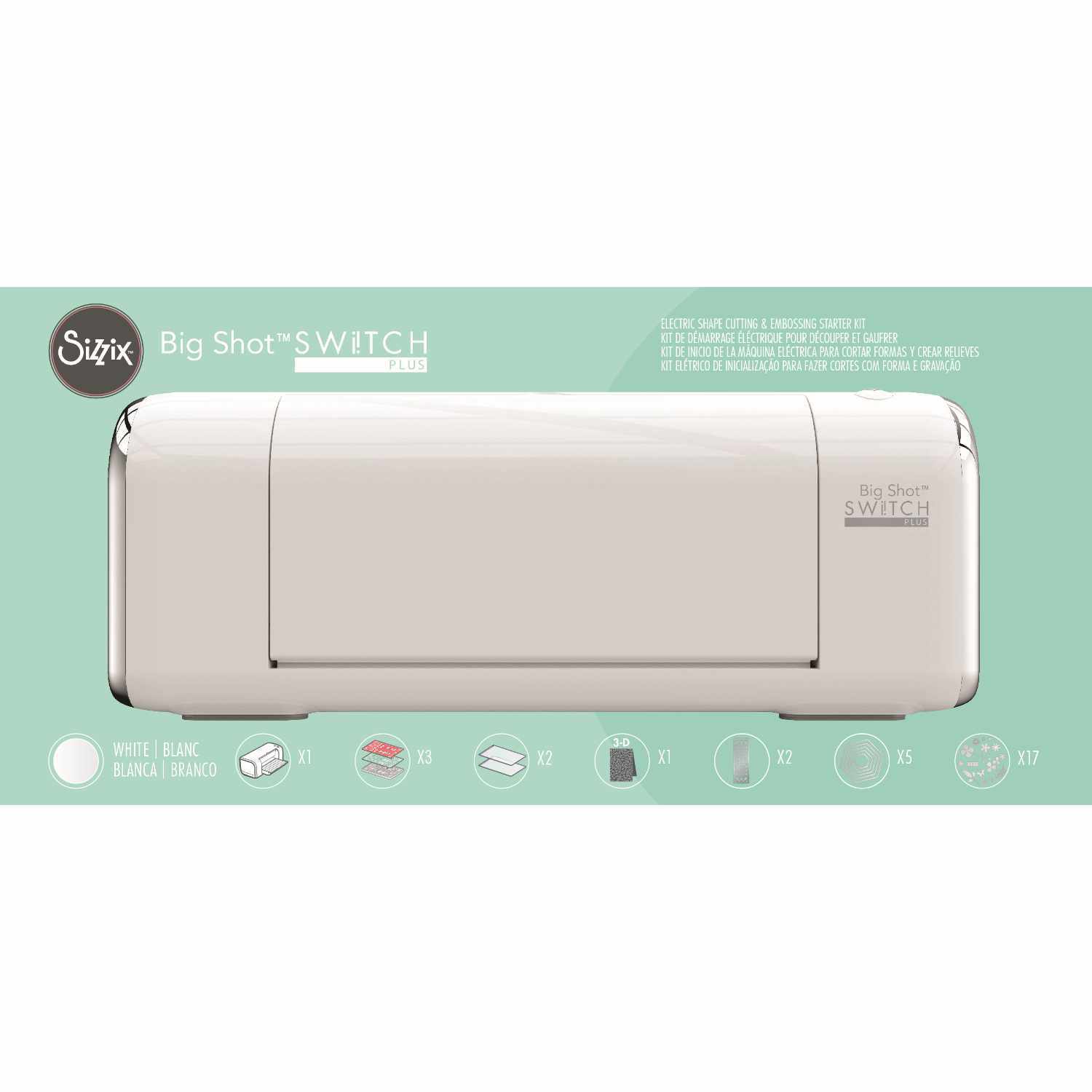 Big Shot Switch Plus Starter Kit in Weiß von Sizzix, abgebildet auf einem grünen Hintergrund.