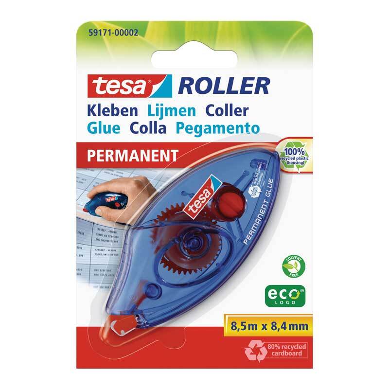 Kleberoller permanent 8,4mm 8,5m von tesa in blauem Gehäuse, ideal für präzises Kleben.