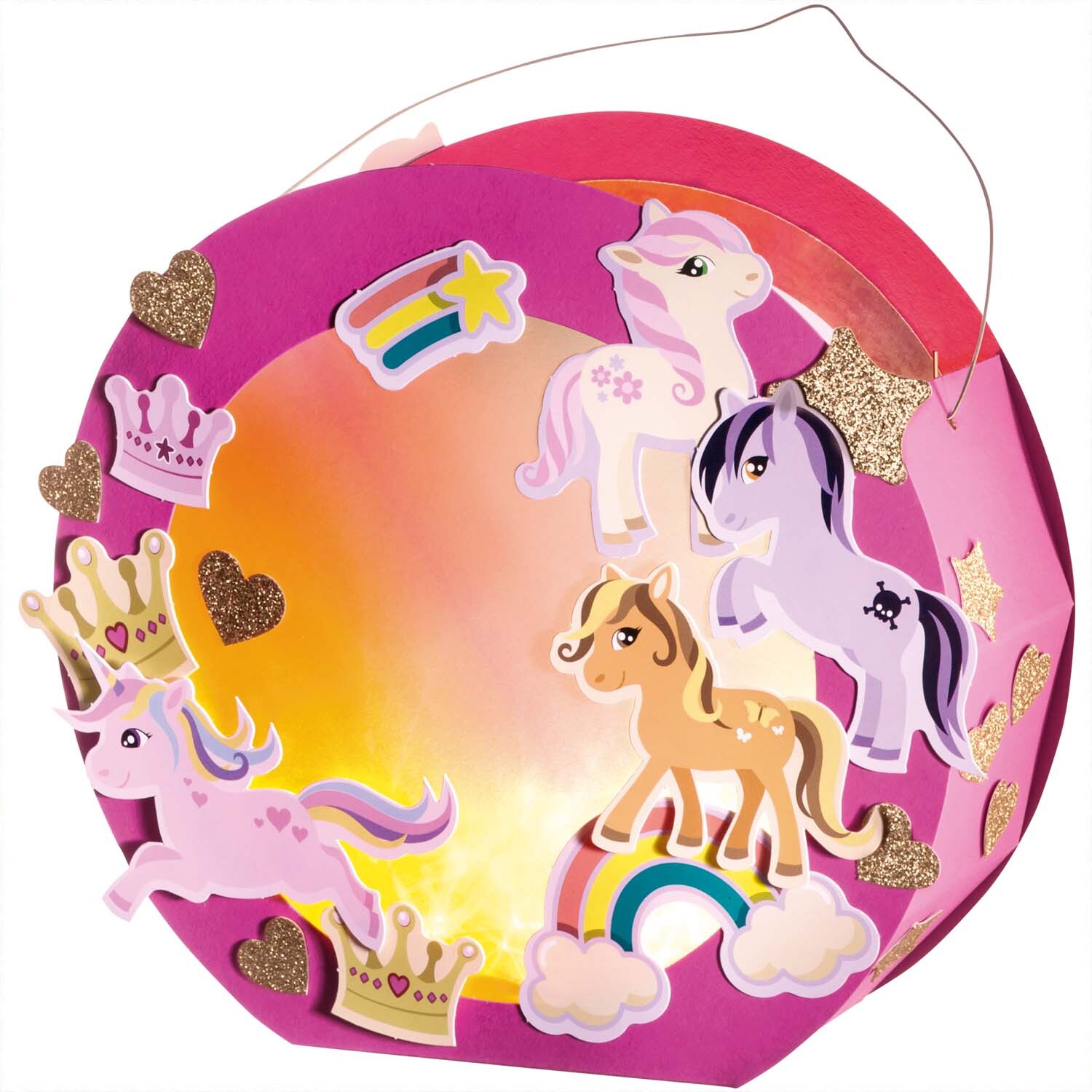Laternen Set Pony: Bunte Laterne mit Pony-Motiven und Glitzerakzenten, ideal für Kinderfeste.