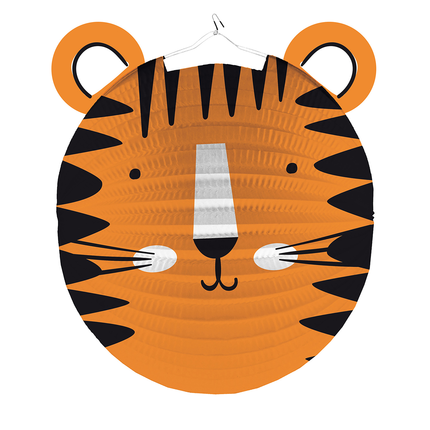 Lampionlaterne Tigerform: Runde, orangefarbene Laterne mit Tigergesicht und schwarzen Streifen, Ø25cm.