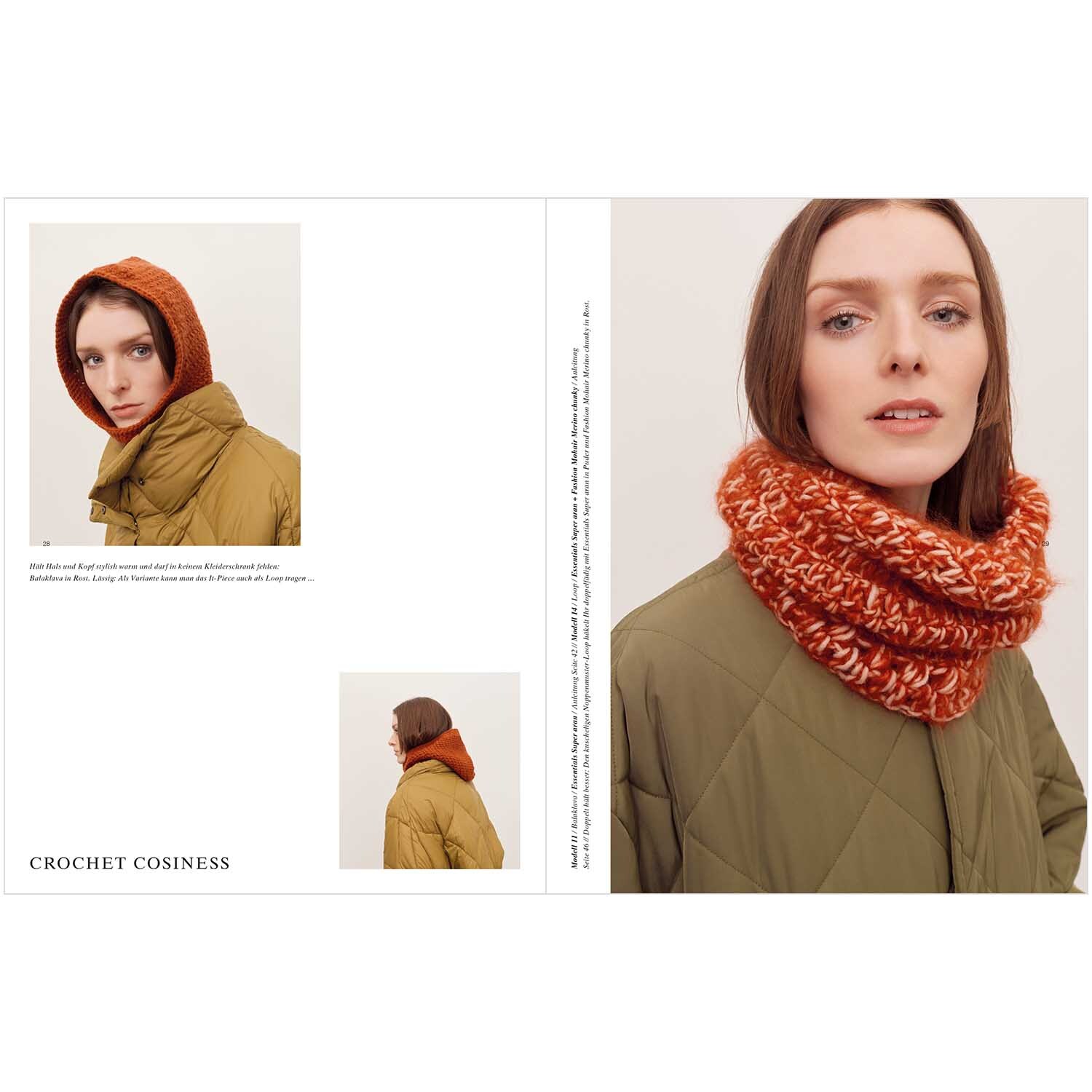 Winter Crochet Collection: Frau trägt einen orangefarbenen, gehäkelten Schal von Rico Design über einer olivgrünen Jacke.