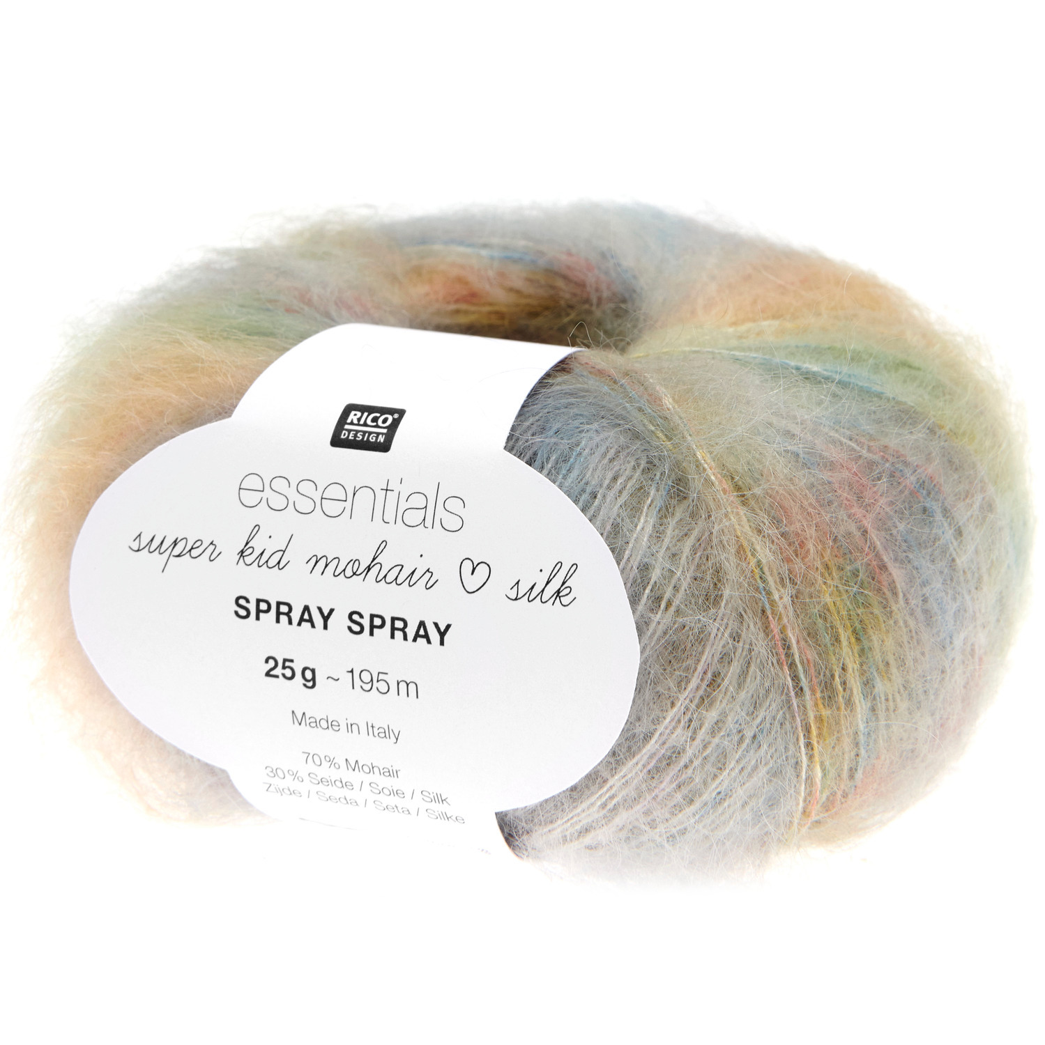 Essentials Super Kid Mohair Loves Silk Spray Spray: Strickset für ein Mini-Dreieckstuch in Multicolor von Rico Design, ideal für kreative Strickprojekte.