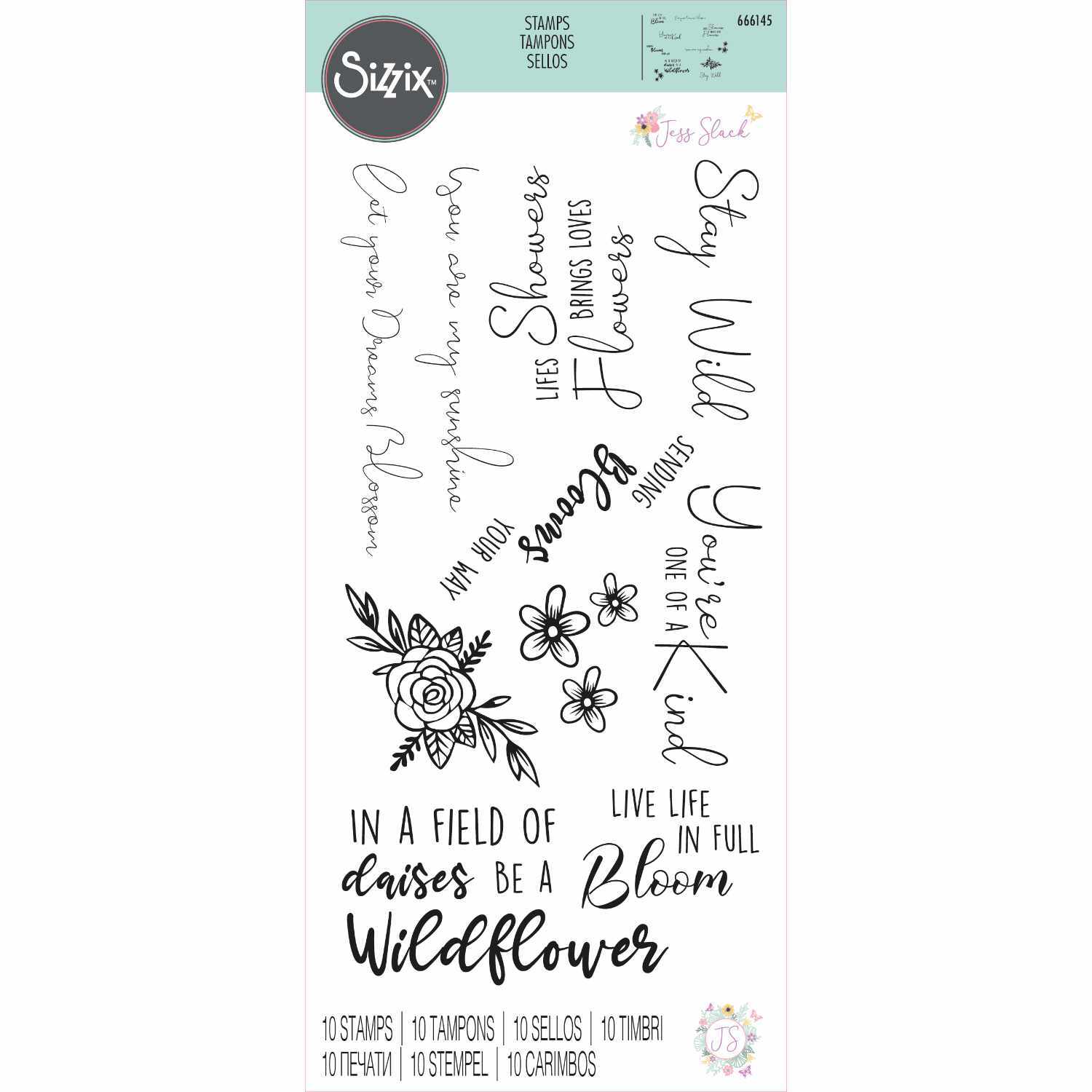 Clear Stamps Set Spring Bloom Sentiments mit floralen Motiven und inspirierenden Sprüchen von Sizzix. Ideal für kreative Bastelprojekte.