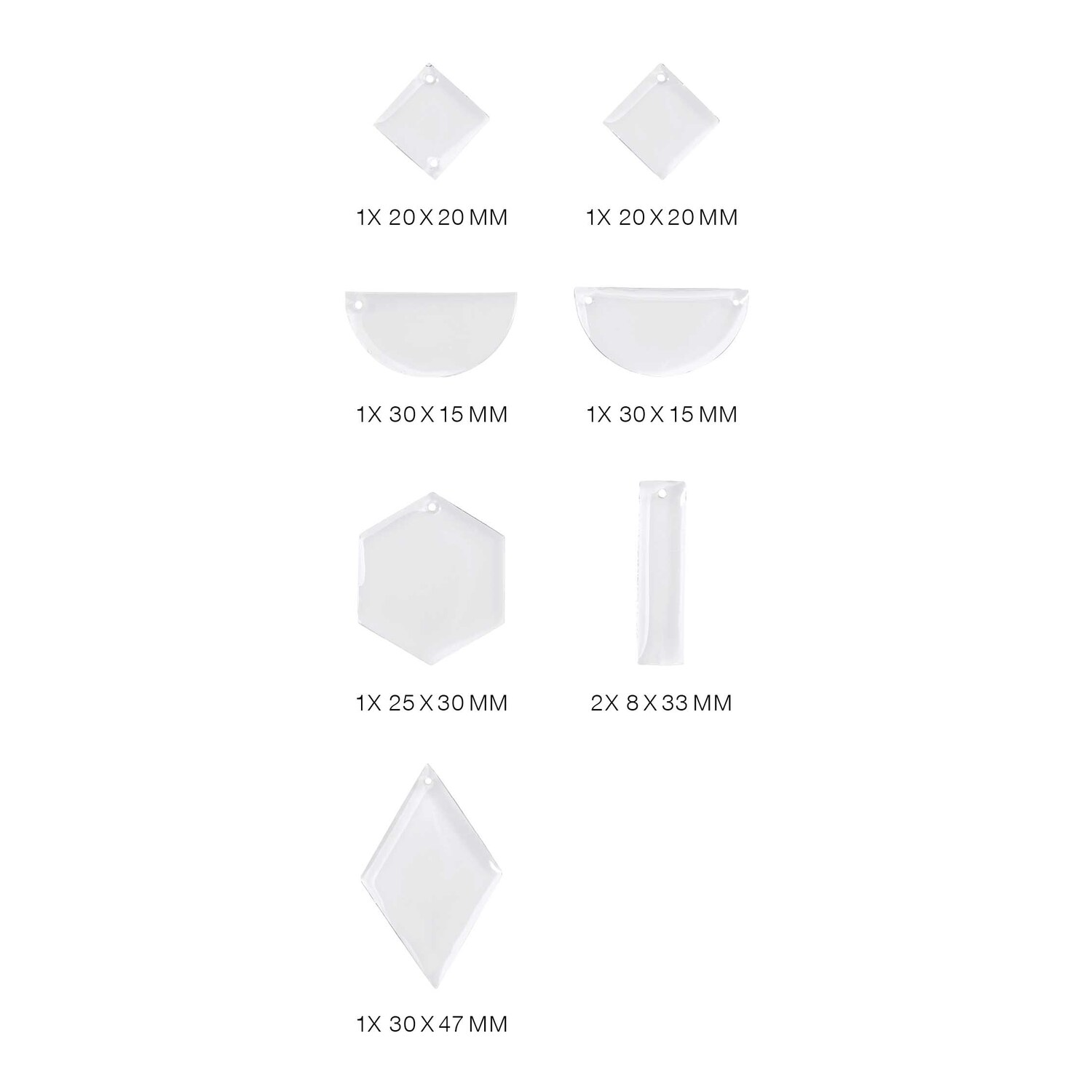 Silikon Gießform Anhänger geometrisch, transparent, von Rico Design, zeigt verschiedene Formen.