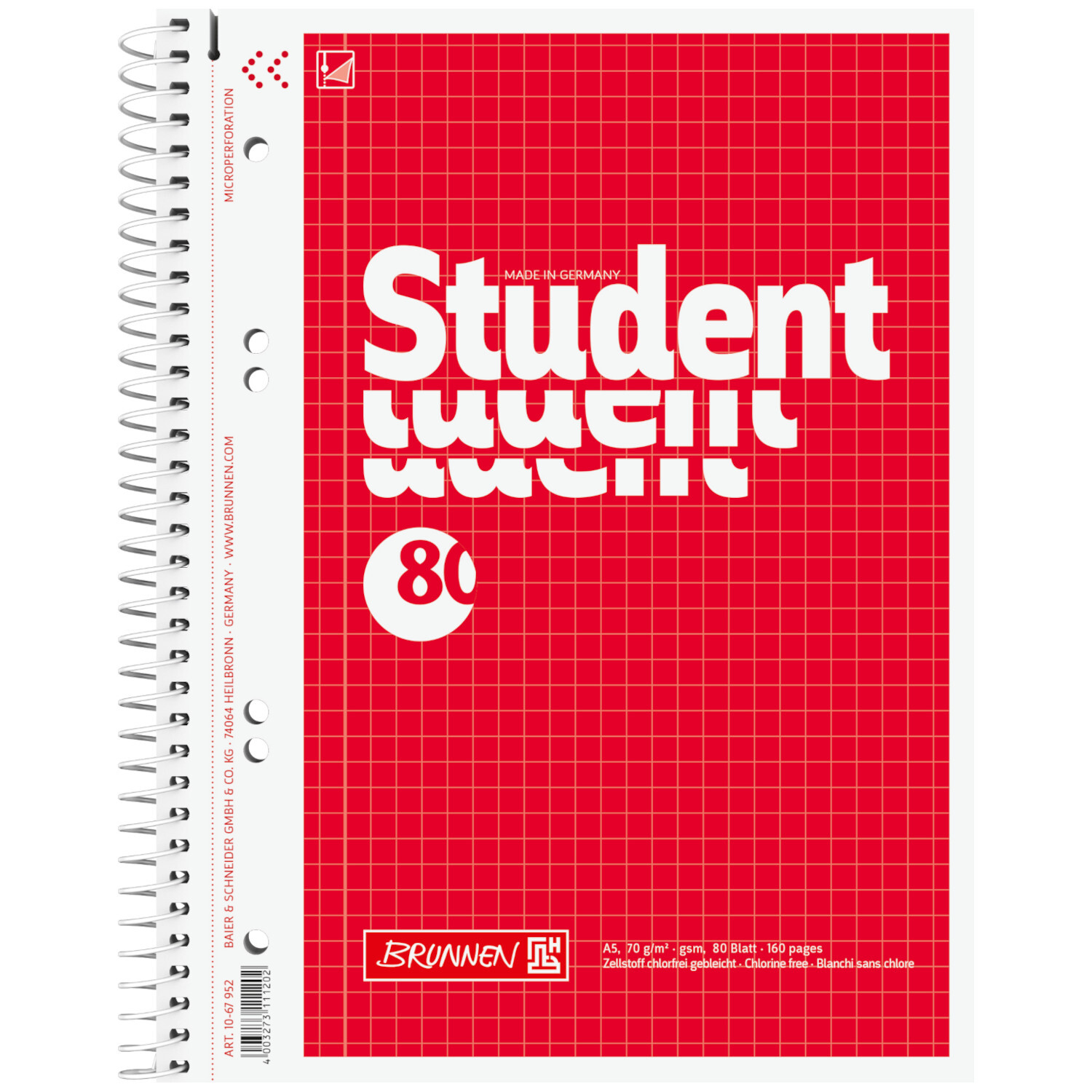 Collegeblock Student DIN A5 80 Blatt mit rotem Cover und Spiralbindung, Marke Brunnen.