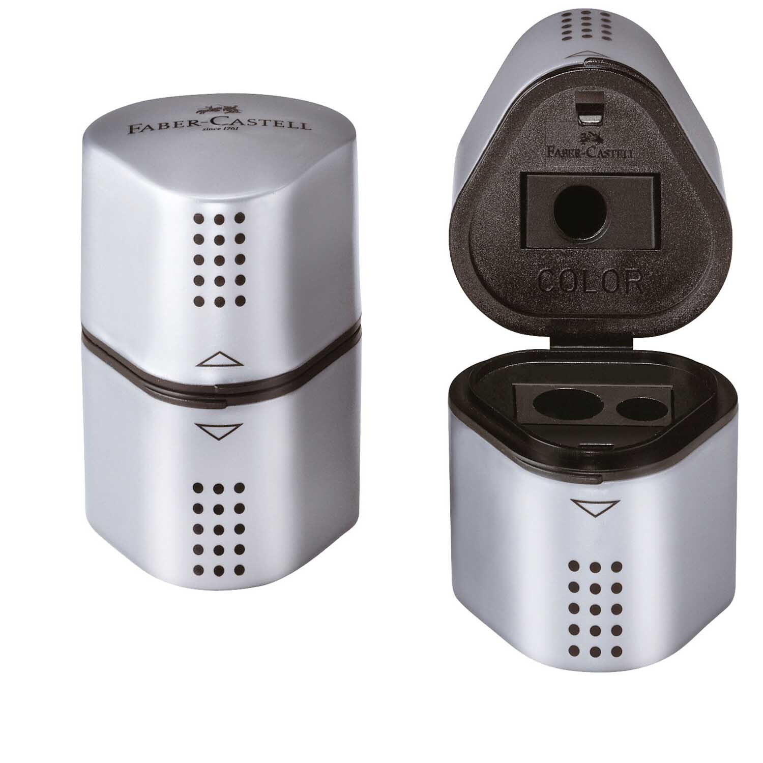 Dreifachanspitzer Grip 2001 in silber von Faber Castell, geöffnet und geschlossen, mit rutschfestem Griffdesign.