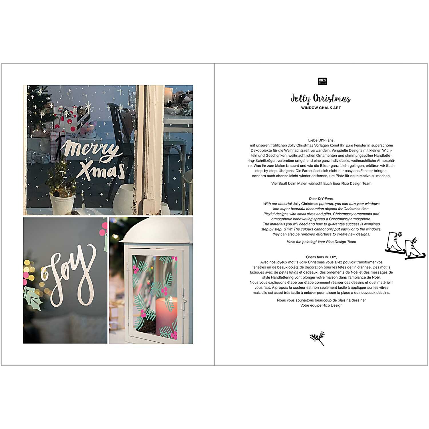 Vorlagenmappe Jolly Christmas zeigt kreative Fensterdekorationen mit Kreidestiften von Rico Design.