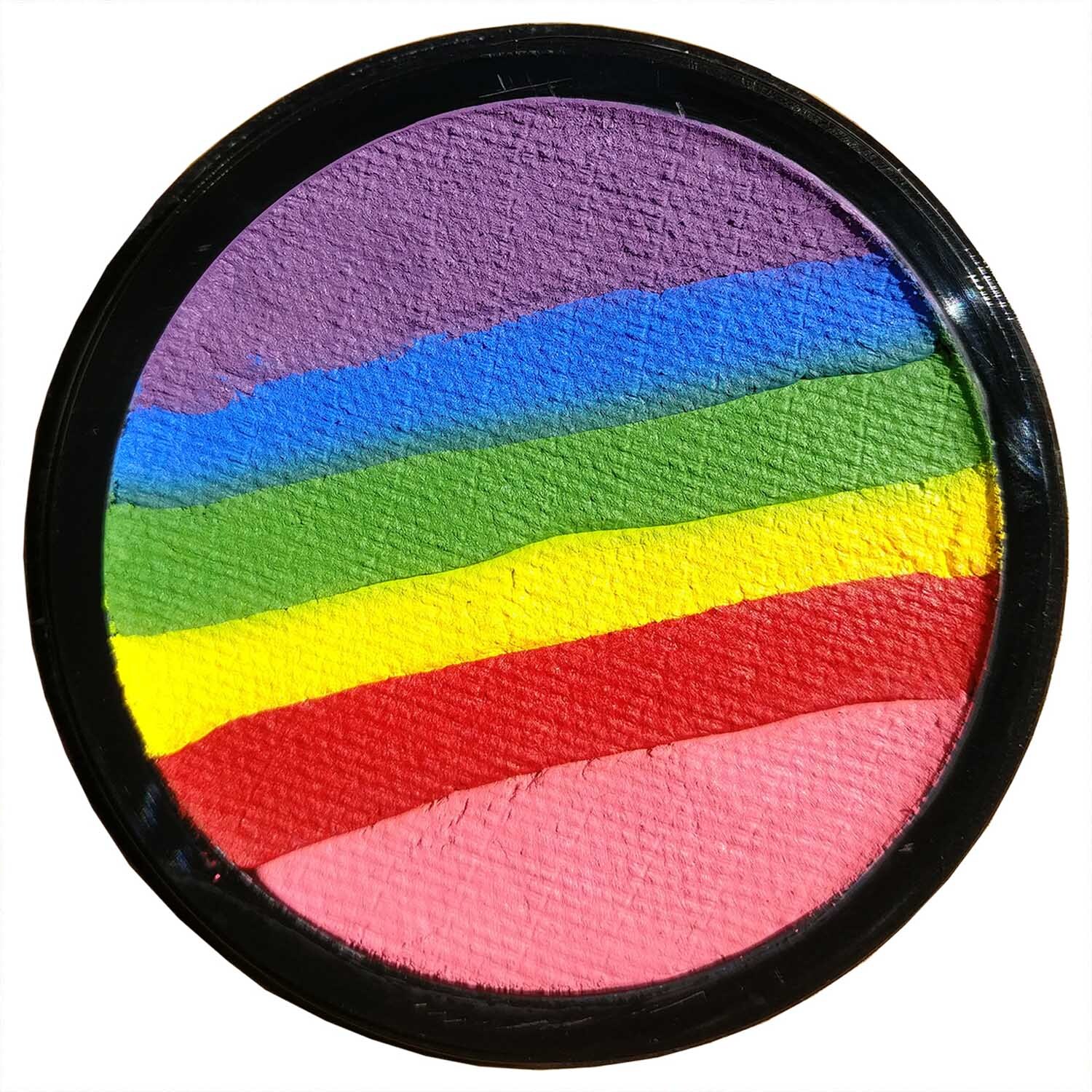 Schminkfarbe Rainbow Magic von Eulenspiegel: Sechs leuchtende Farben in einem runden Behälter.