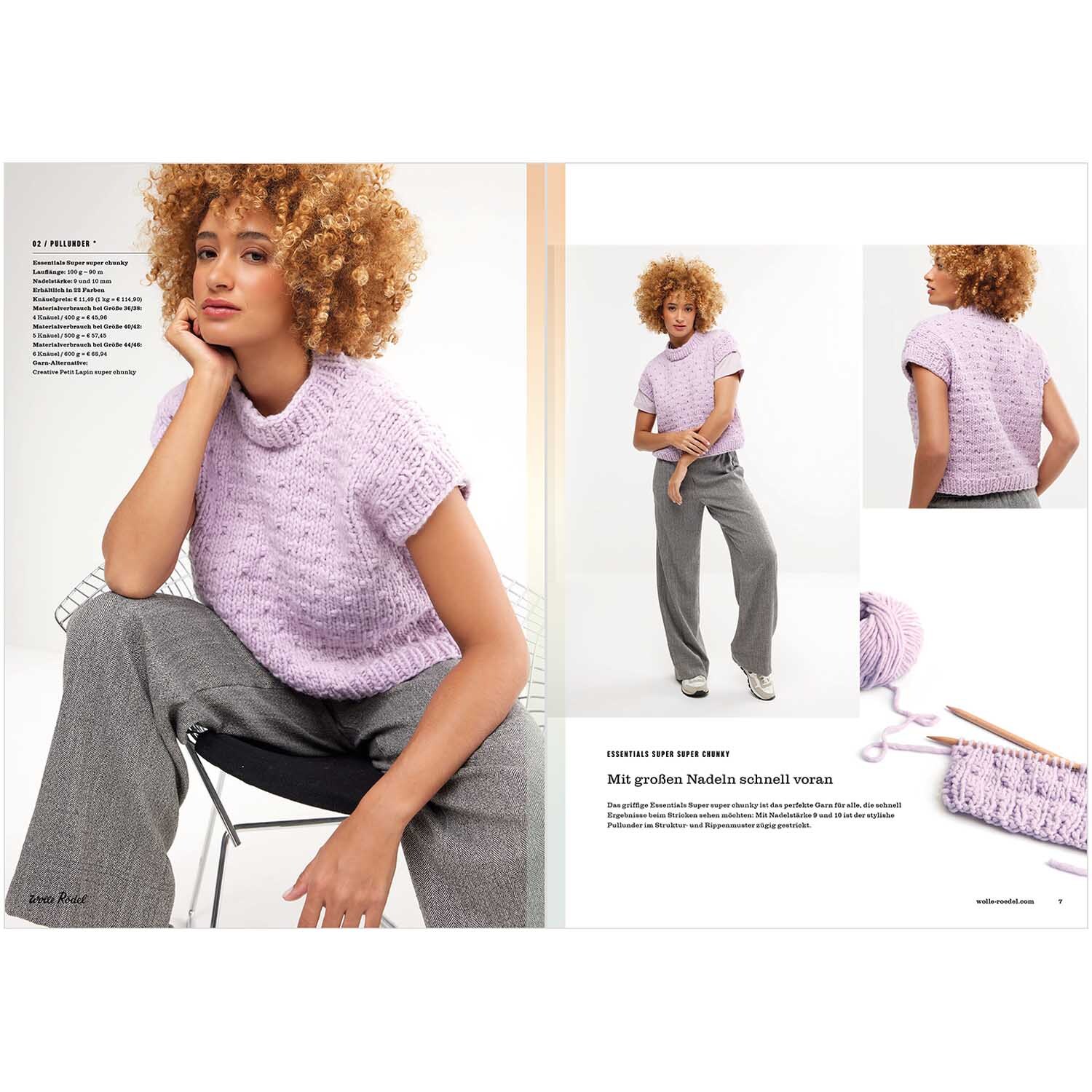 Die Neue Masche Nr. 07 Herbst zeigt ein Modell in einem lila Strickpullover von Wolle Rödel.