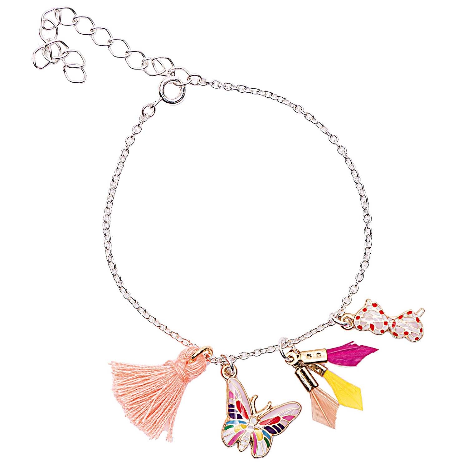 Anhänger Feder Mix candy 5 Stück: Mehrfarbige Armbandanhänger von Rico Design mit Federn und Schmetterling.