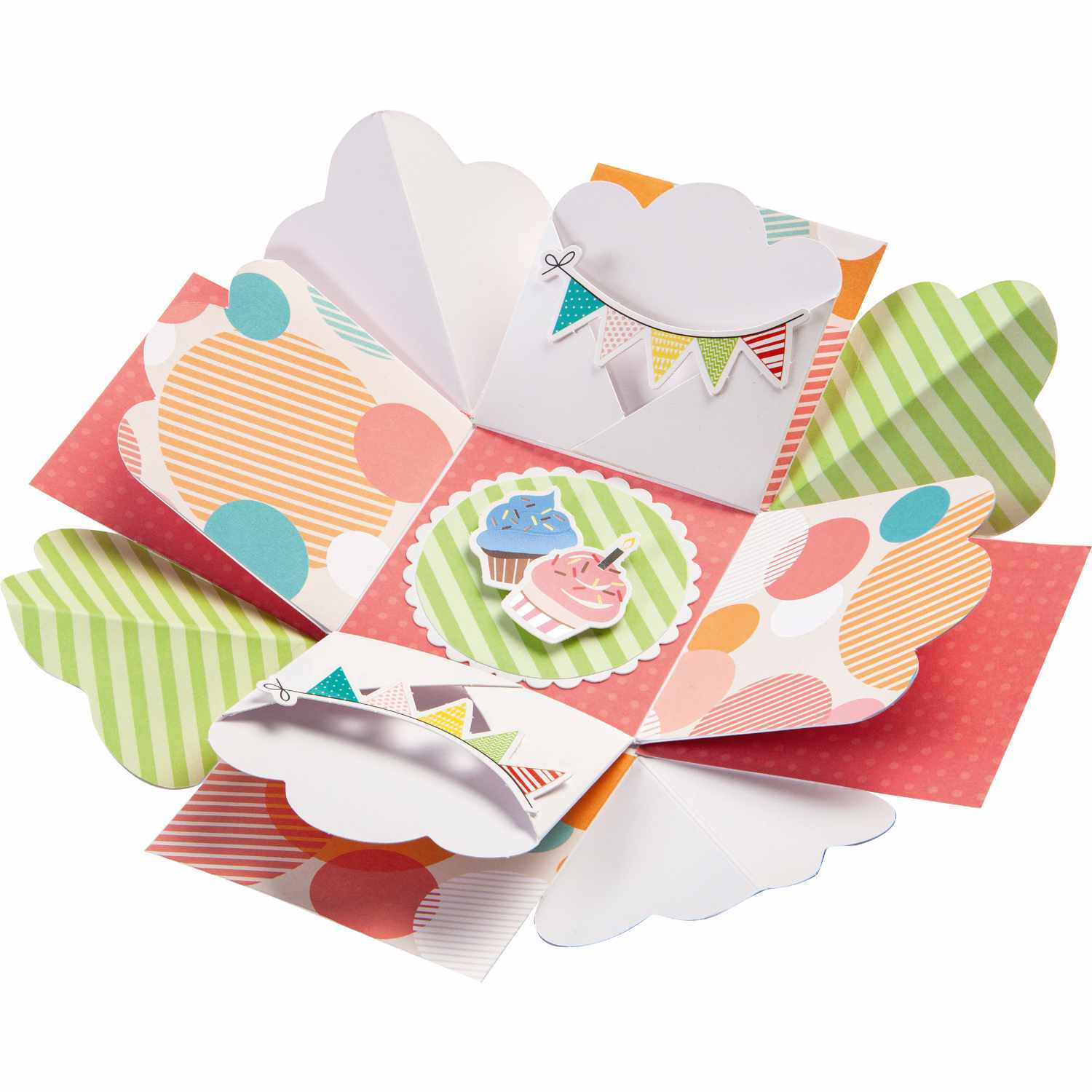 Explosionsbox Bastelset Party: Bunte Box mit Cupcake-Motiv und Wimpelgirlande, ideal für kreative Feiern.