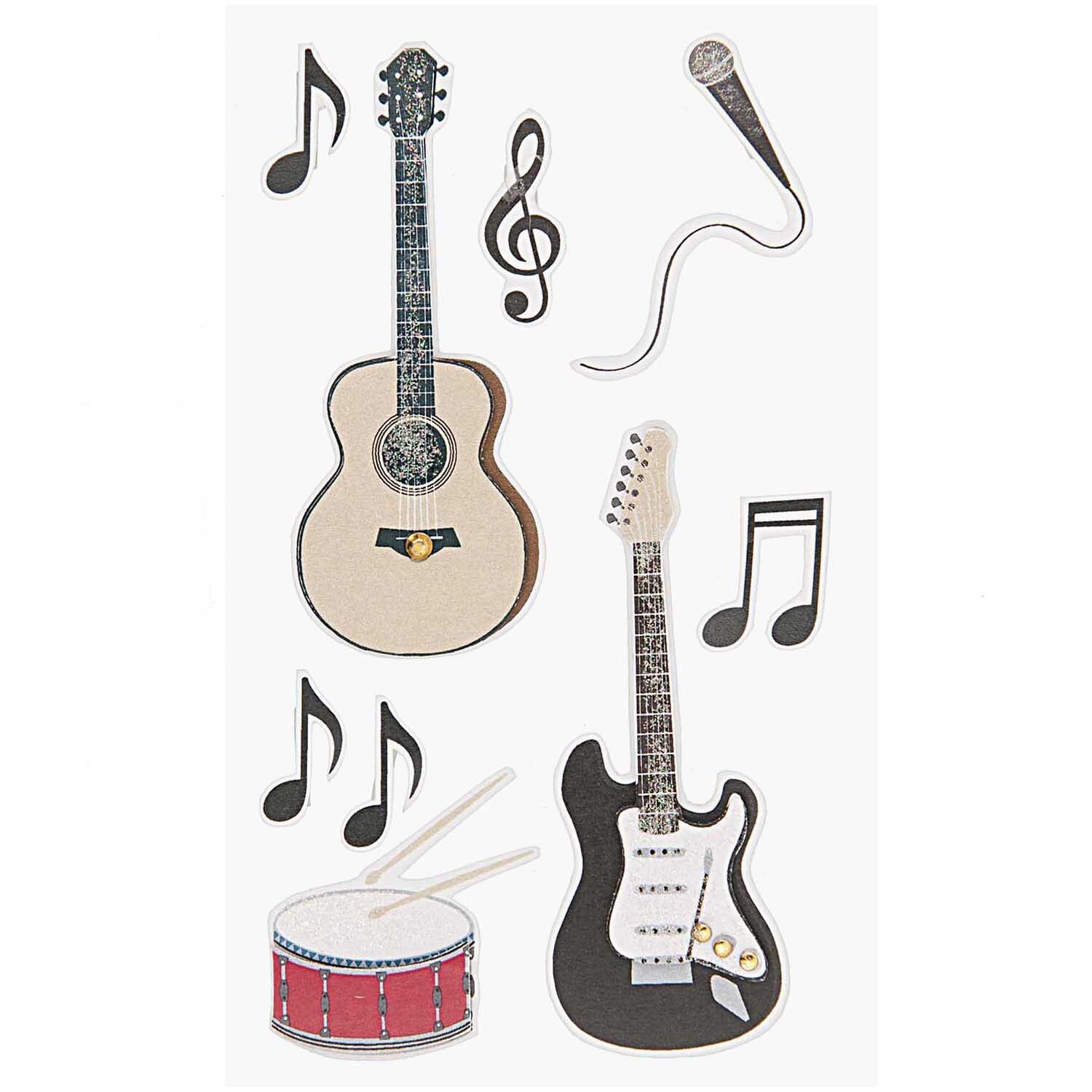 Paper Poetry 3D Sticker Rockmusik zeigt Musikinstrumente wie Gitarren, Mikrofon und Noten.