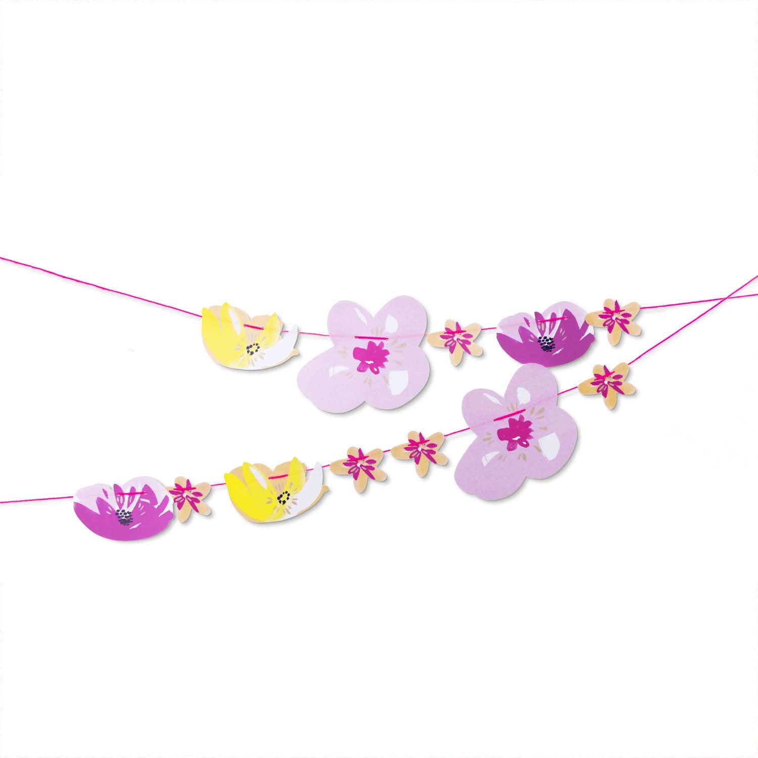 Paper Poetry Girlande mit rosa und gelben Blumenmotiven von Rico Design, 2m lang, auf weißem Hintergrund.