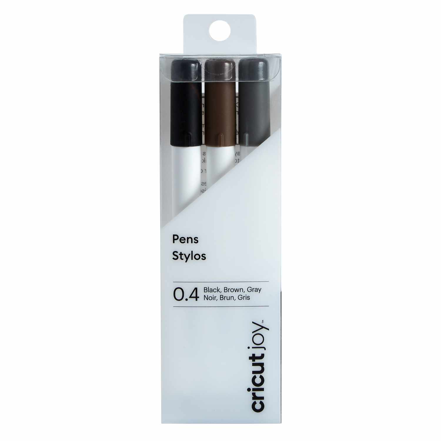 Joy Pens Finepoint Stifteset mit drei Stiften in Schwarz, Braun und Grau, verpackt in einer transparenten Box. Marke: Cricut.