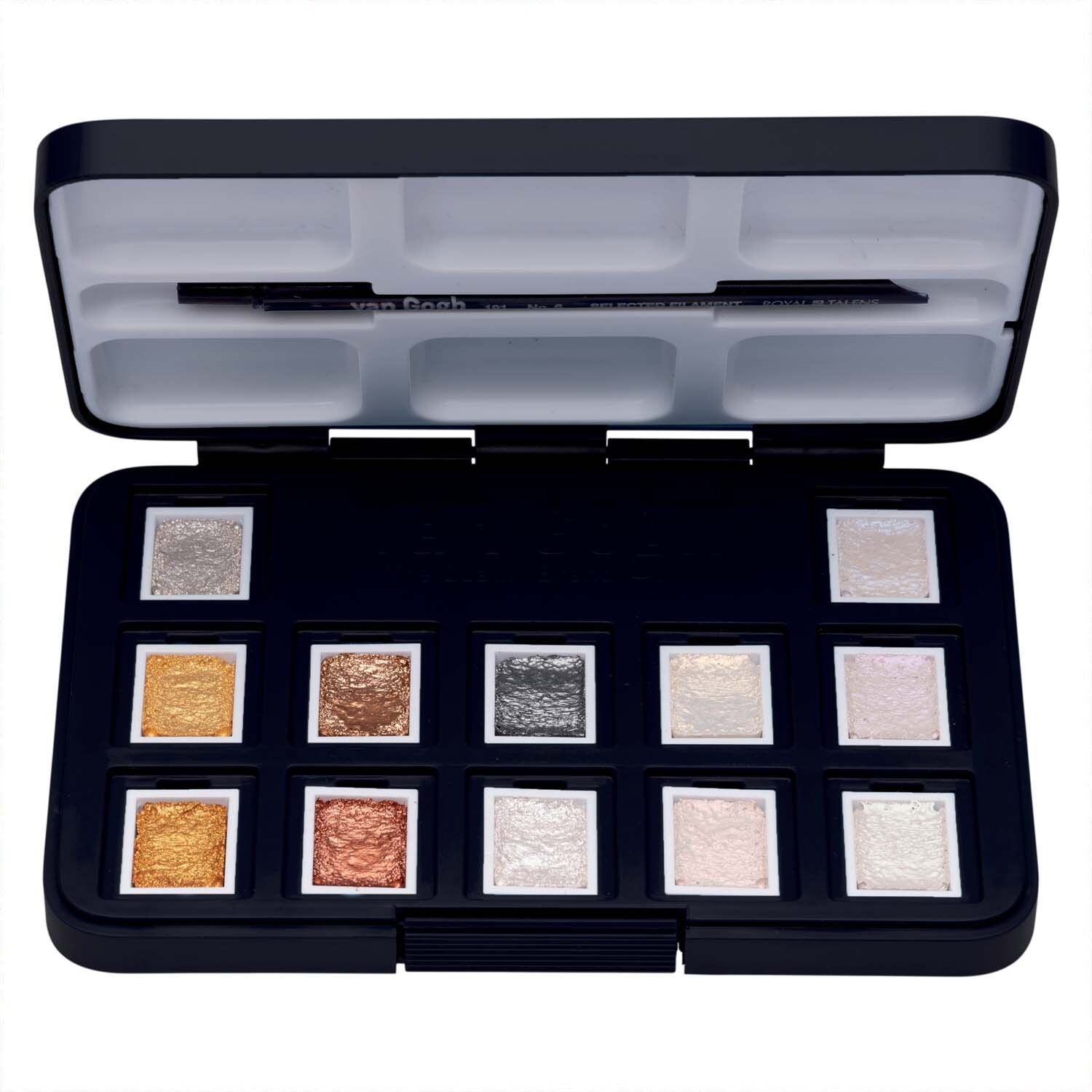 Aquarell Set Metallic Farben 12 Näpfchen: Offene schwarze Box mit schimmernden, mehrfarbigen Näpfchen von van Gogh.