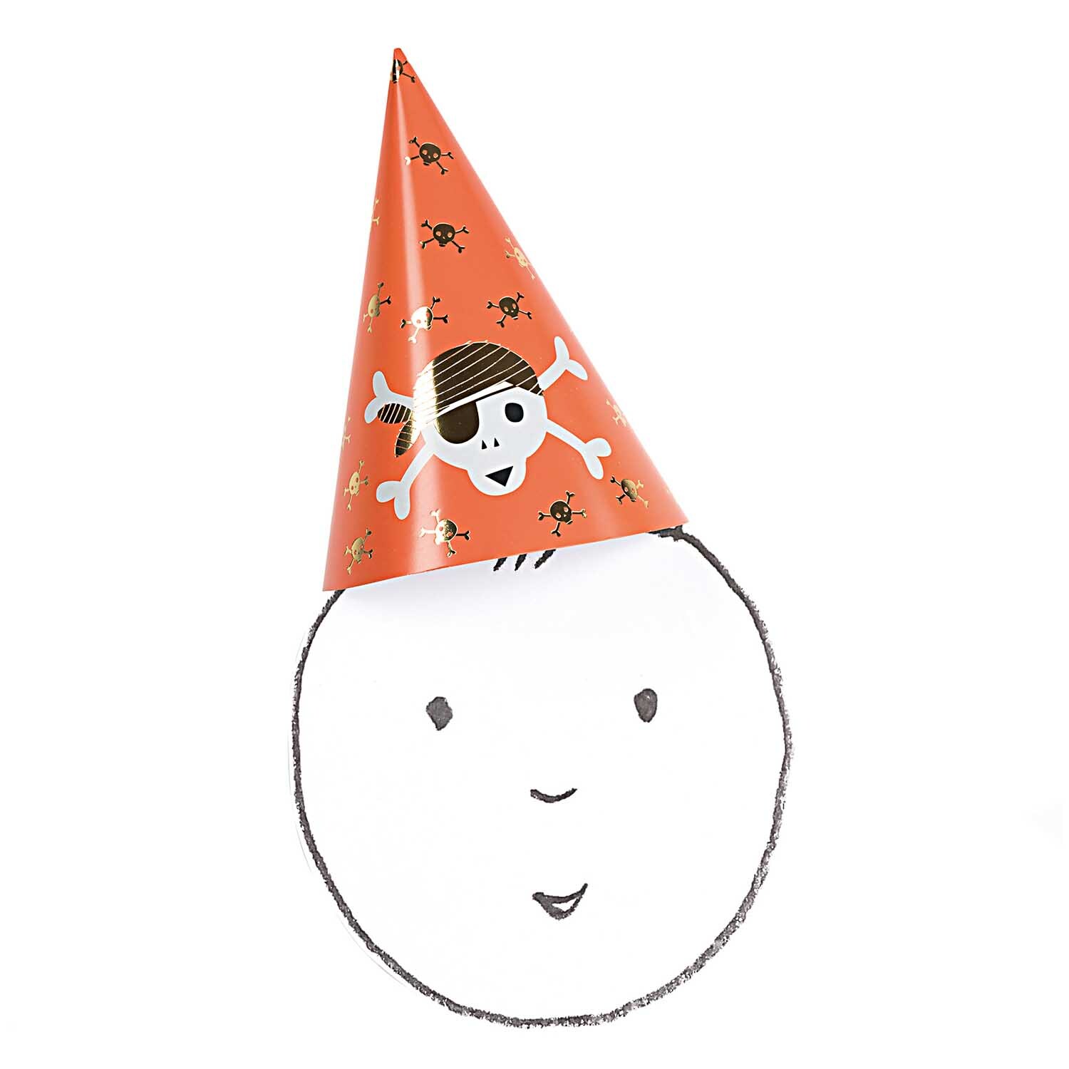 Partyhüte Pirat 20cm 8 Stück von Rico Design: Bunter Hut mit Piratenmotiv auf einem gezeichneten Gesicht. Ideal für Kinderpartys.