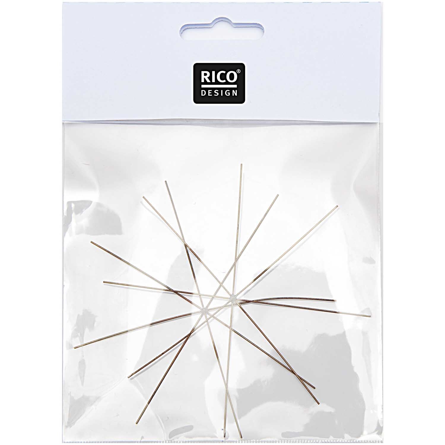 Drahtstern 5cm 2 Stück von Rico Design in Messing, verpackt in einer transparenten Tüte. Ideal für kreative Bastelprojekte.