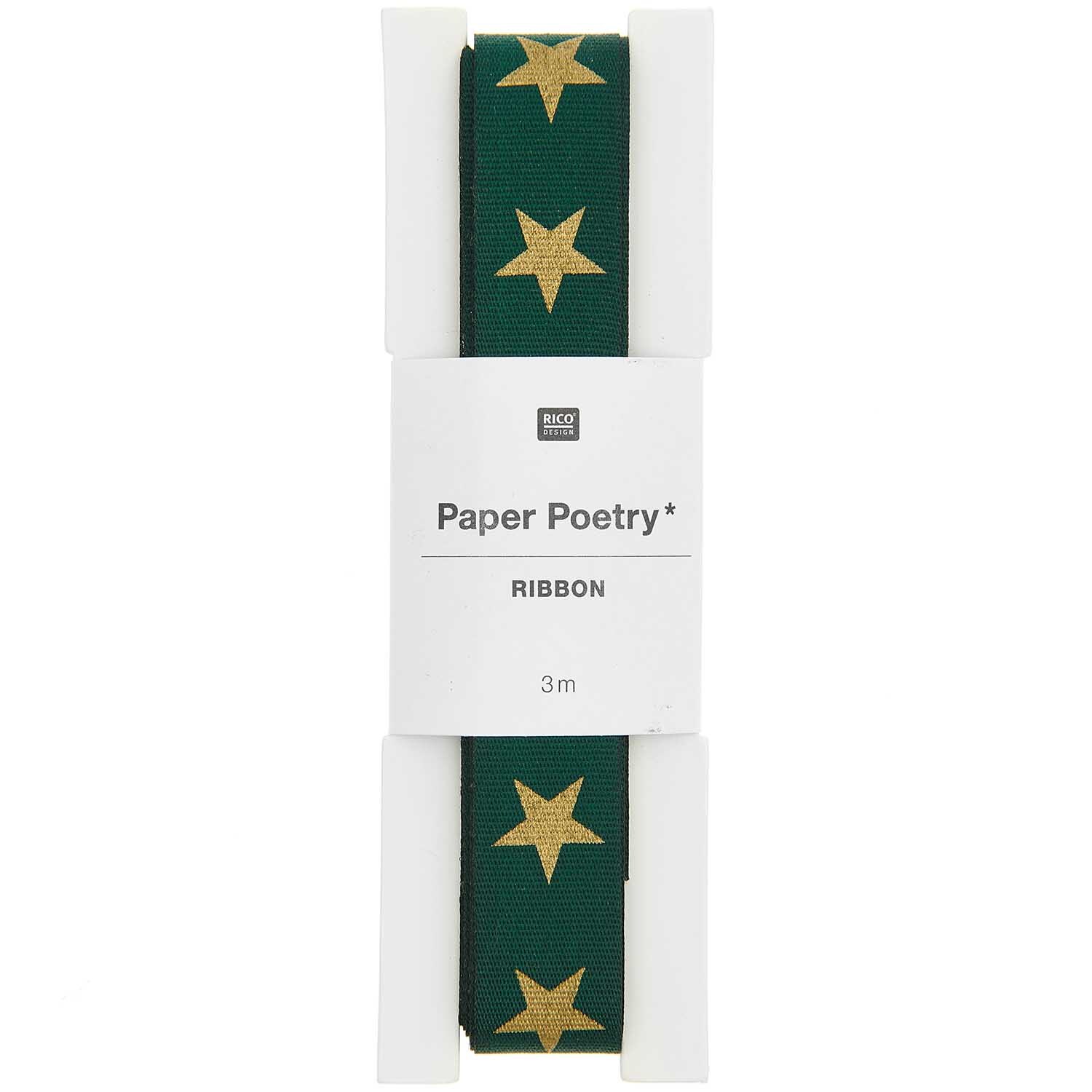 Paper Poetry Taftband mit goldenen Sternen auf grünem Hintergrund, 3m Länge, von Rico Design.