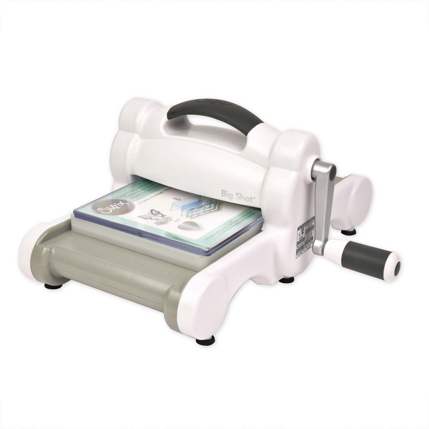 Big Shot Stanzmaschine A5 von Sizzix, weiß, mit Kurbel und Ablage, ideal für Bastelprojekte.