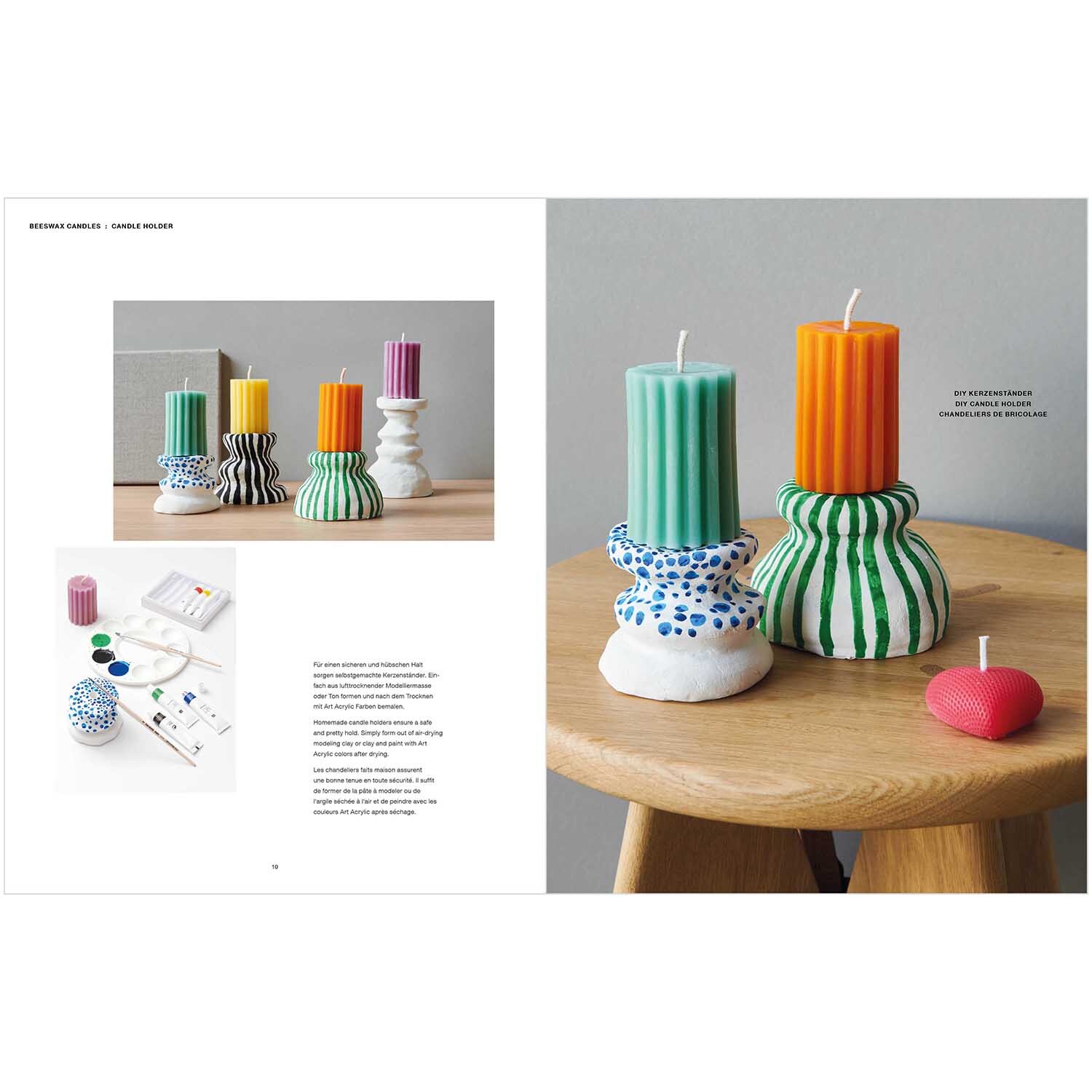 Buch Kerzen gießen zeigt bunte Kerzen in kreativen Haltern auf einem Holztisch, ideal für DIY-Projekte.
